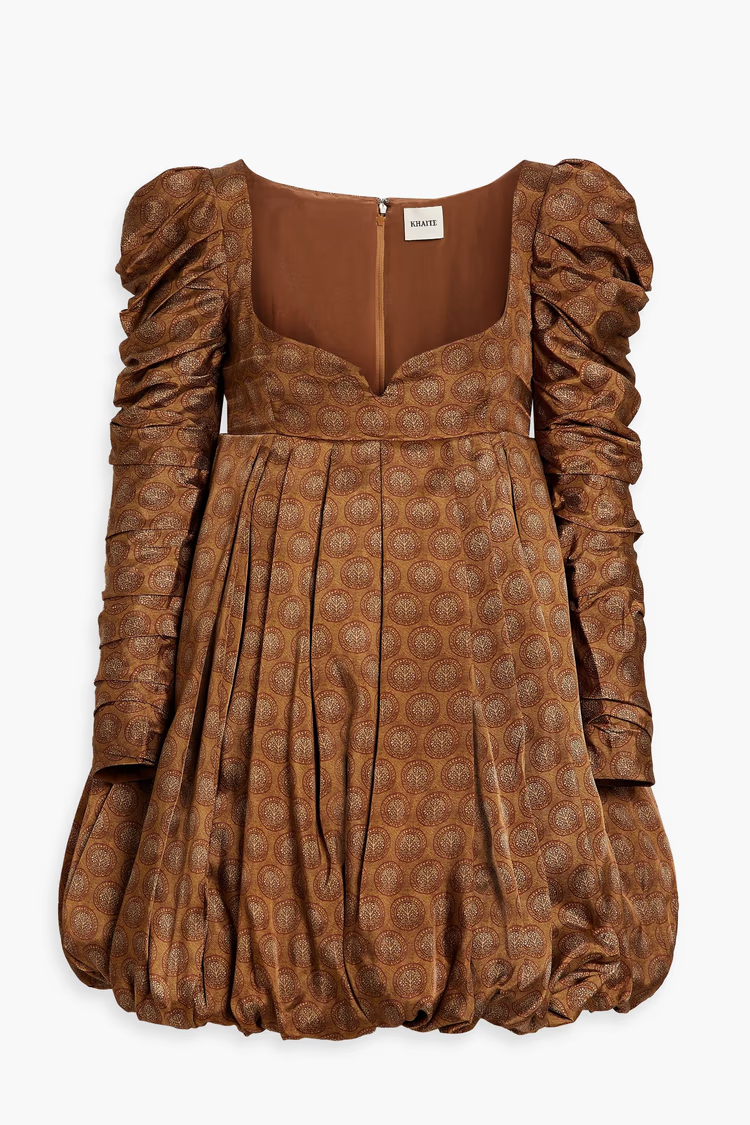 KHAITE Katia pleated printed satin mini dress
