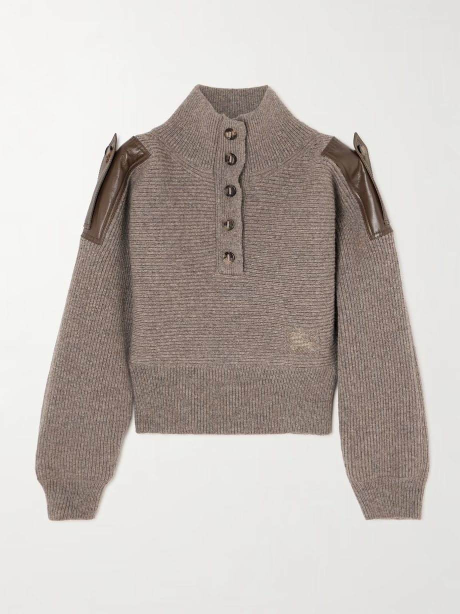 BURBERRY Leather-trimmed ribbed wool polo sweater