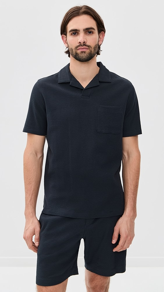 Vince Seersucker Knit Short Sleeve Johnny Collar