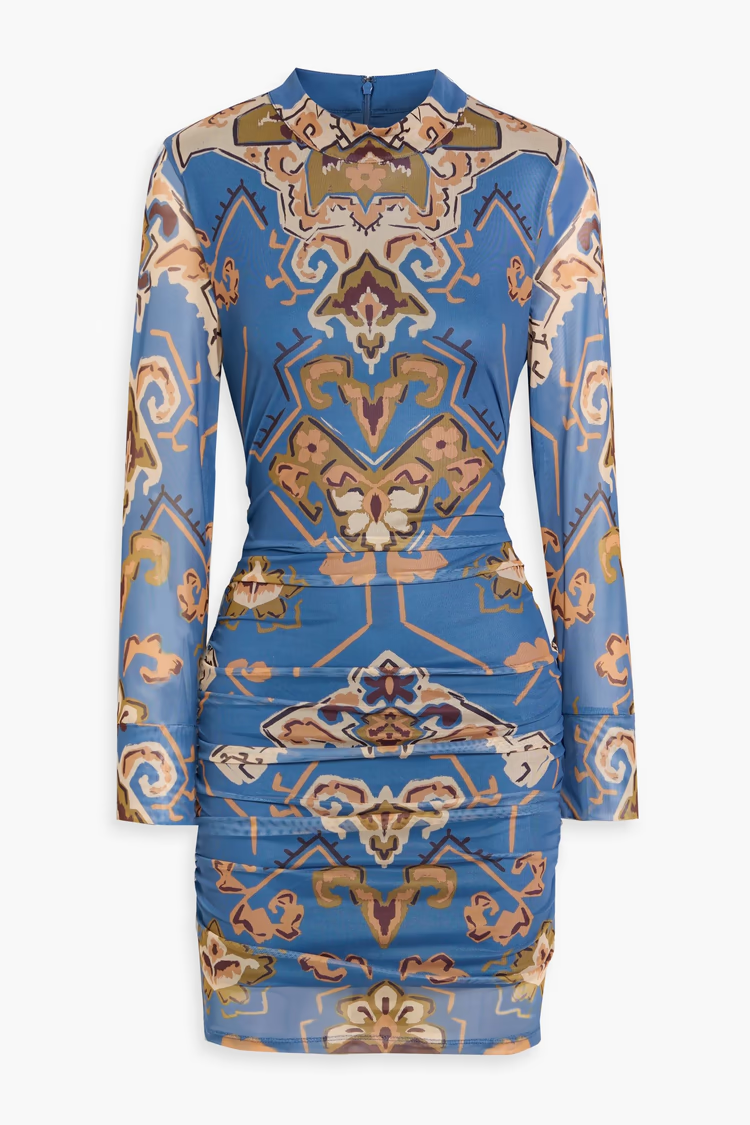 FARM RIO Ruched printed mesh mini dress