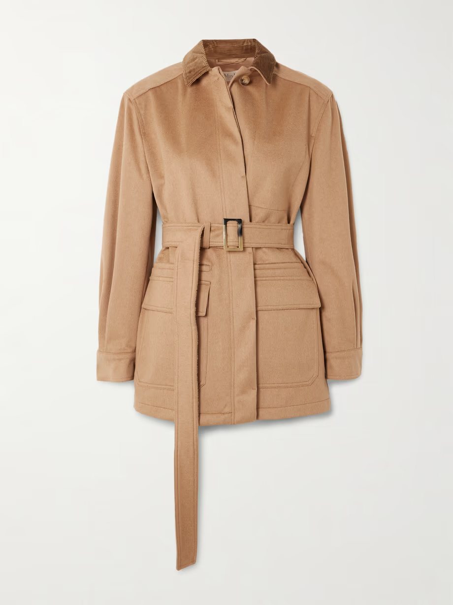 MAX MARA Leva belted corduroy-trimmed camel hair jacket