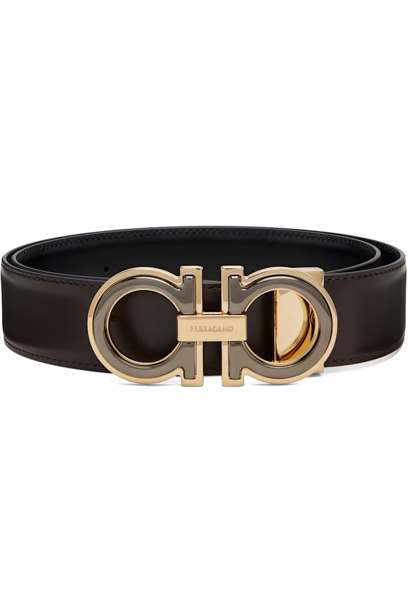 Ferragamo Brown Adjustable Gancini Reversible Belt
