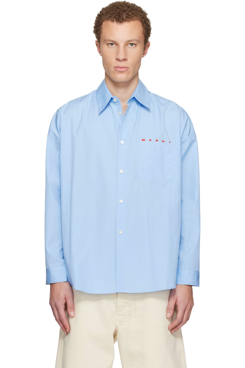 Marni Blue Peeping Marni Logo Organic Poplin Shirt