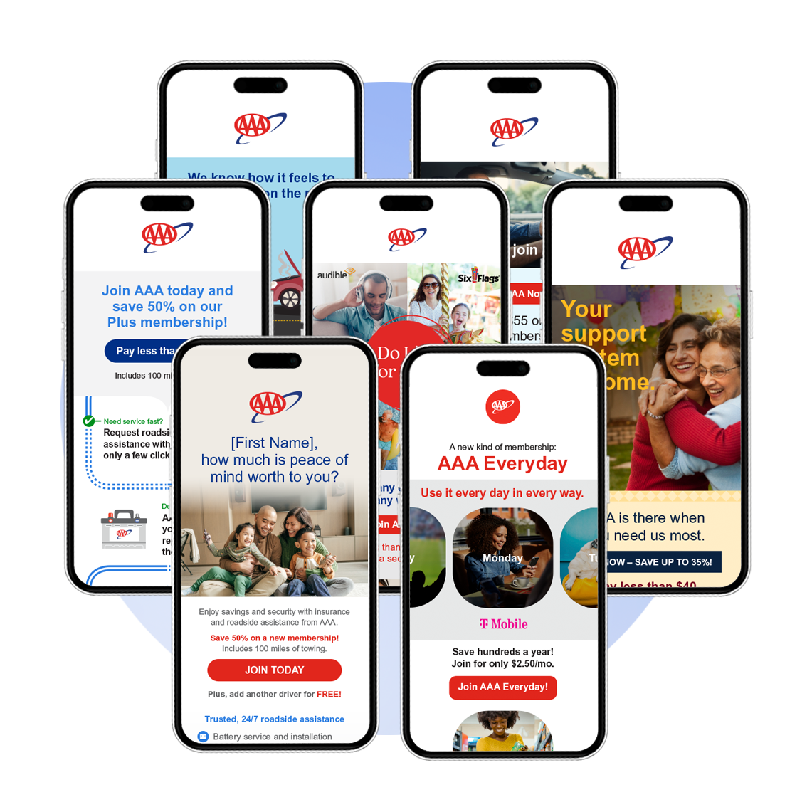Multiple smartphones displaying AAA membership advertisements with logos, promotional offers, and imagery of smiling people and families.