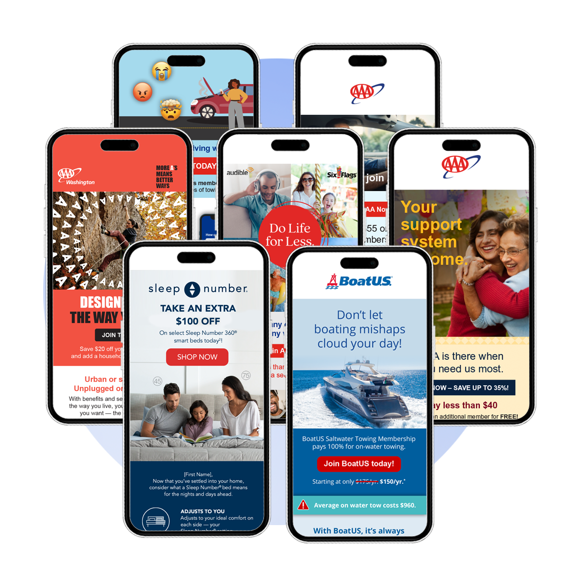 Collage of acquisition emails showcasing creative testing and messaging strategies that drive engagement.