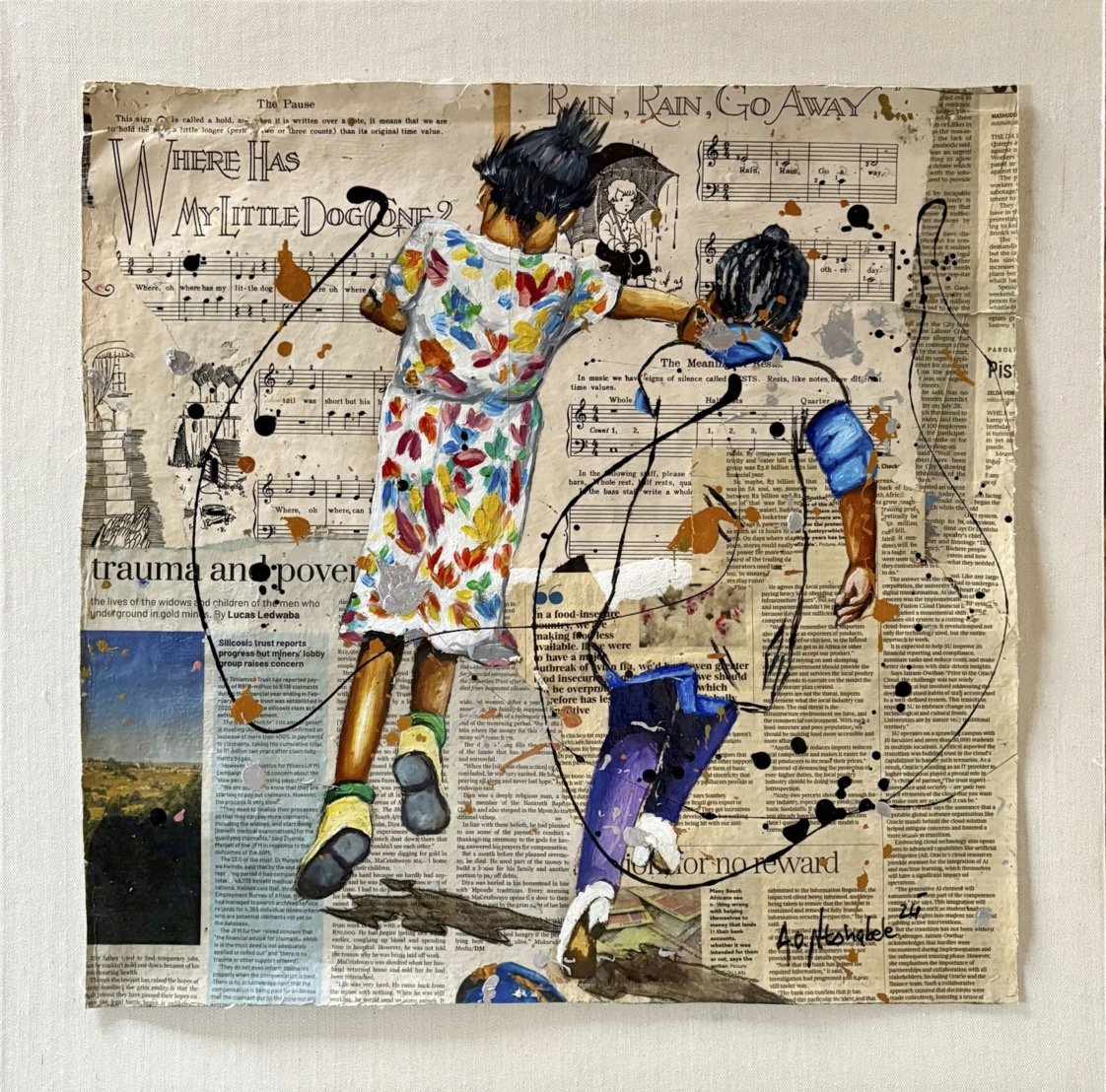 Artist: Andrew Ntshabele | Title: Rain Rain Go Away | Oils on Vintage
Documents