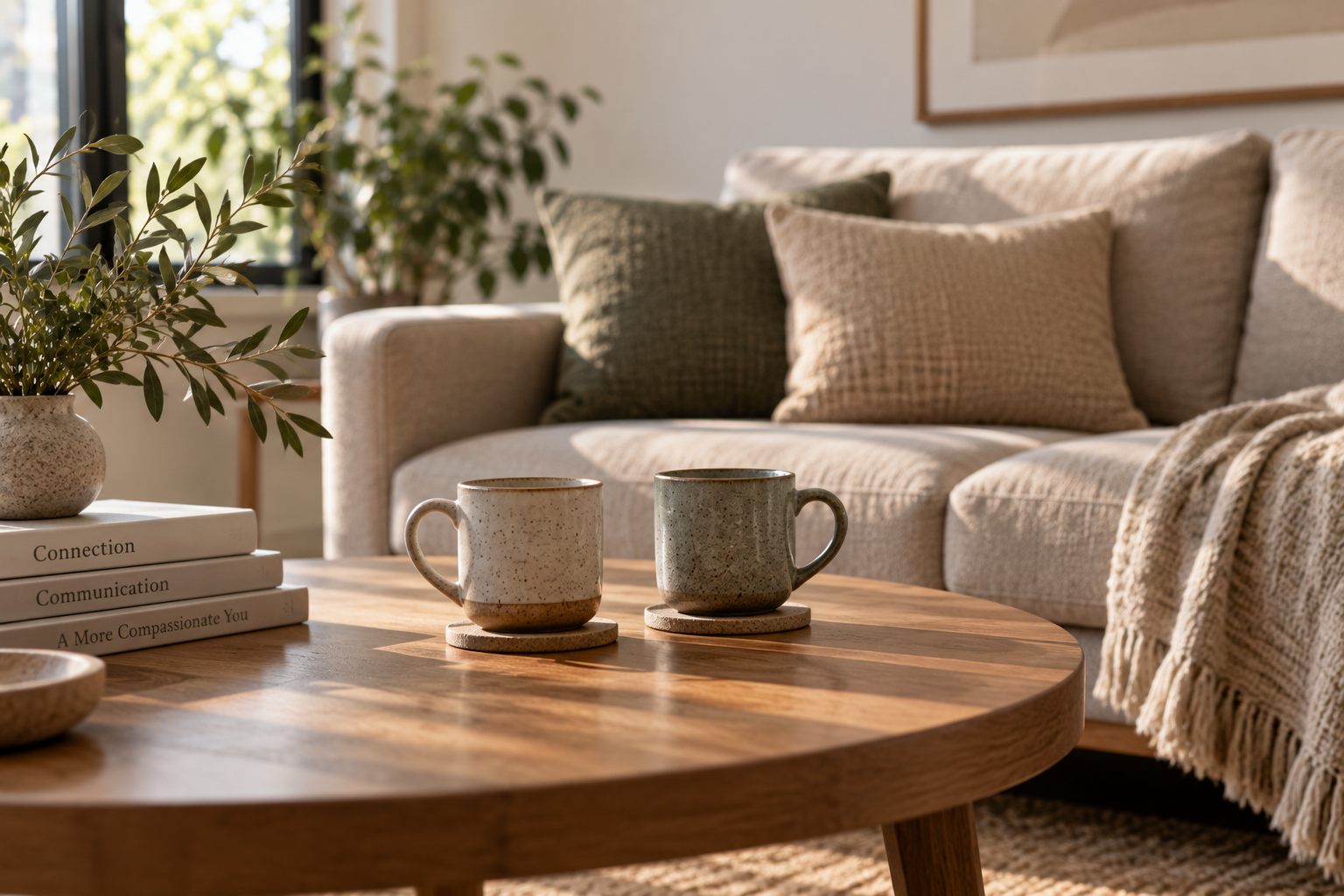 Two mugs in a comfortable therapy setting for couples sessions.