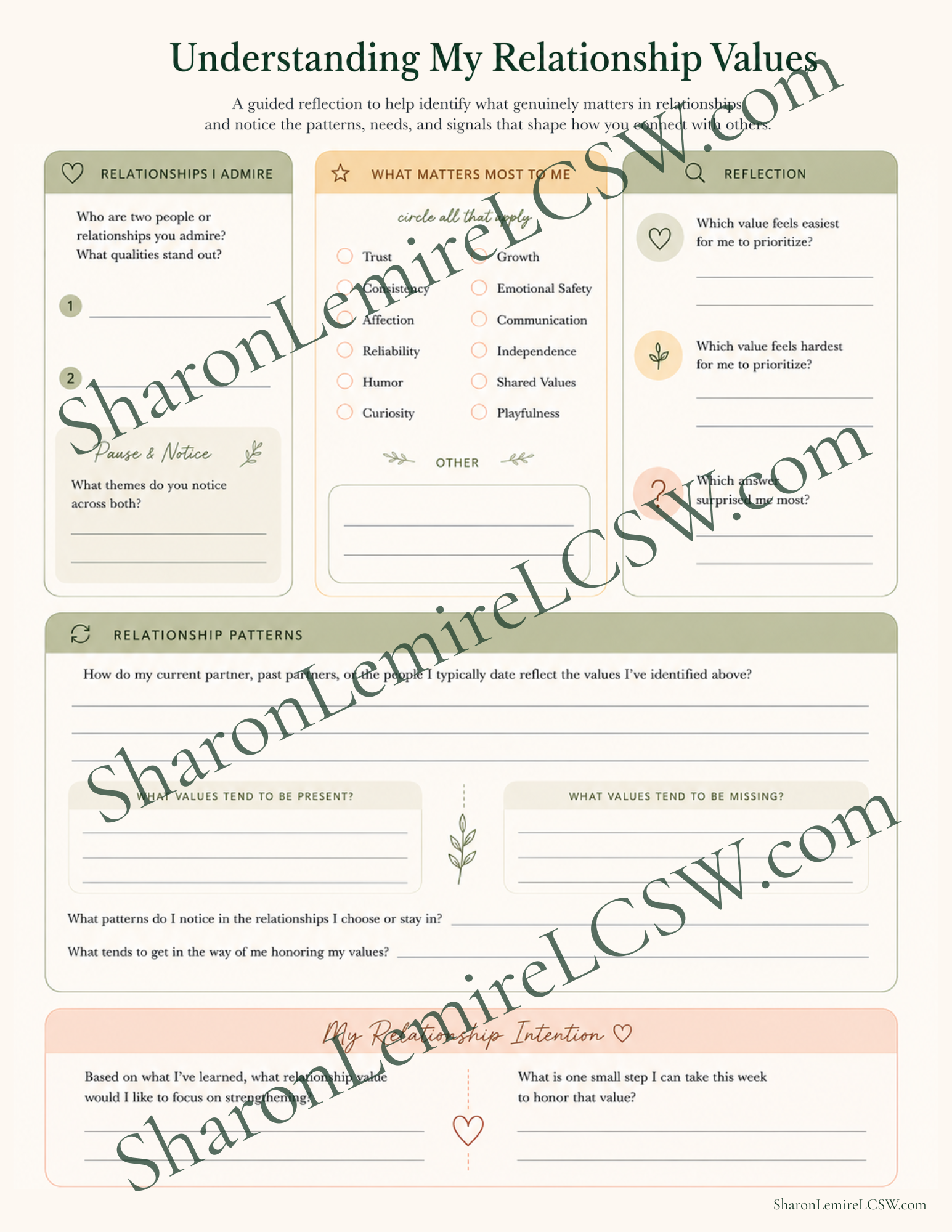 Preview of the "Understanding Your Relationship Values" worksheet, a guided reflection resource for exploring personal values, relationship priorities, and meaningful connection.