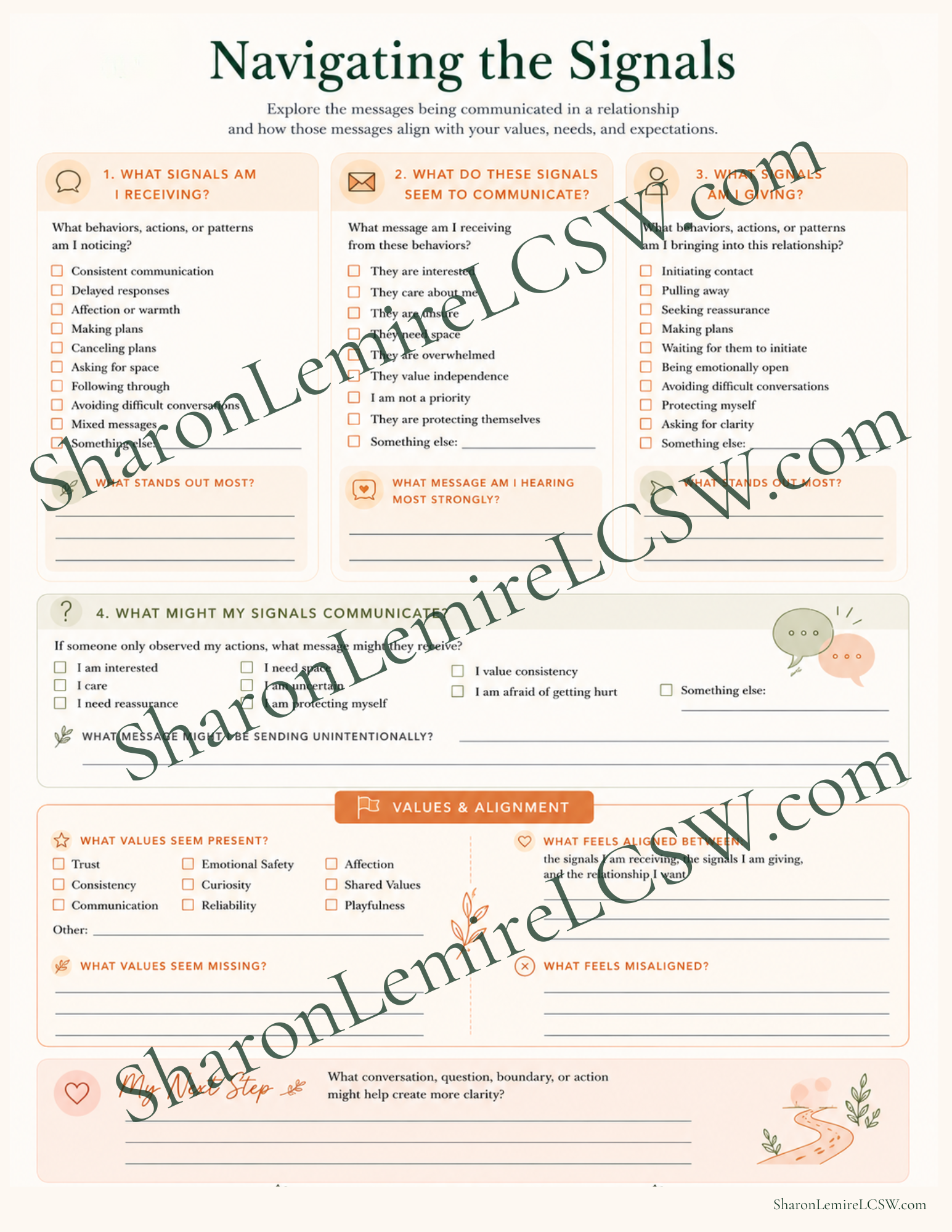 Preview of the "Navigating the Signals" worksheet, a guided relationship resource for recognizing patterns, reactions, and underlying needs in interpersonal interactions.