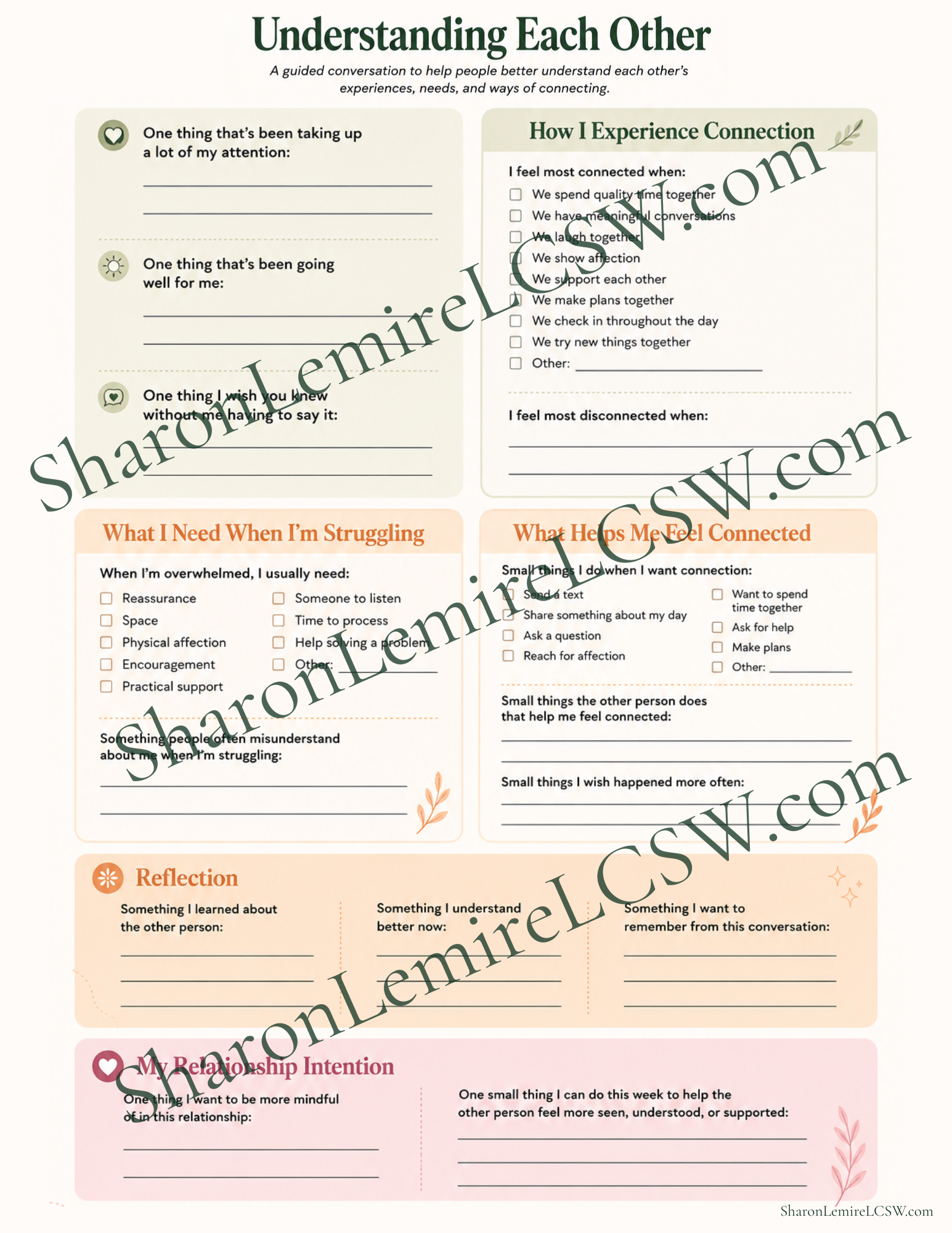 Preview of the "Understanding Each Other" worksheet featuring reflection prompts designed to foster empathy, communication, and mutual understanding in relationships.