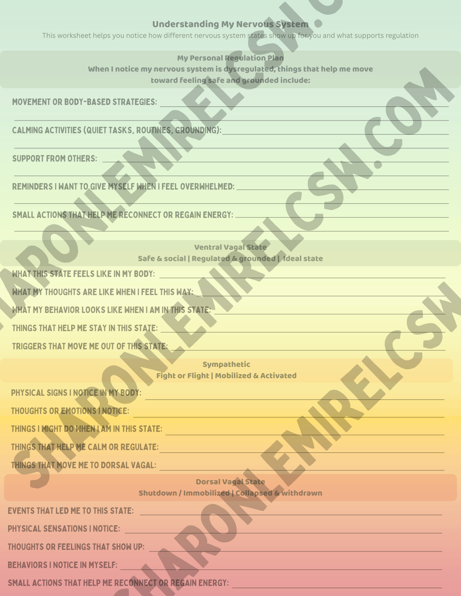 Preview of the "Understanding My Nervous System" worksheet featuring prompts and exercises for exploring nervous system responses, emotional states, and self-awareness.