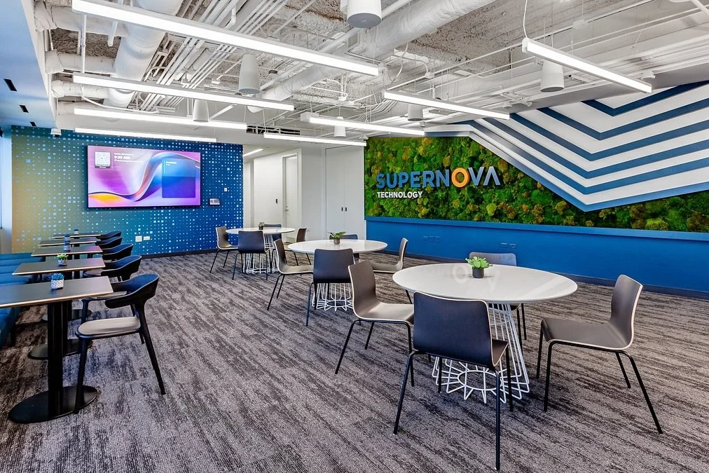 The Supernova Corporate Office is a dynamic workspace that balances collaboration and focus. Designed to spark creativity, the office combines open areas for teamwork with quiet zones for individual work. Playful signage, bold colors, and unique desi