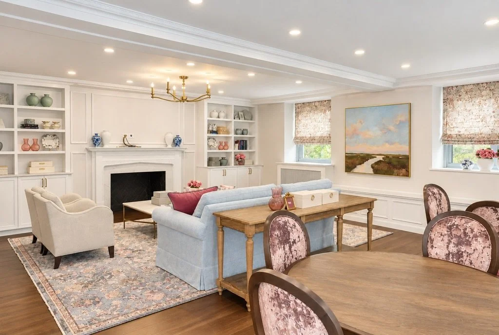 A vibrant new space for The Alpha Phi Sorority House at Northwestern University. The newly renovated basement blends colorful finishes, whimsical patterns, and thoughtful design details to create a lively retreat for members to relax, spend time toge