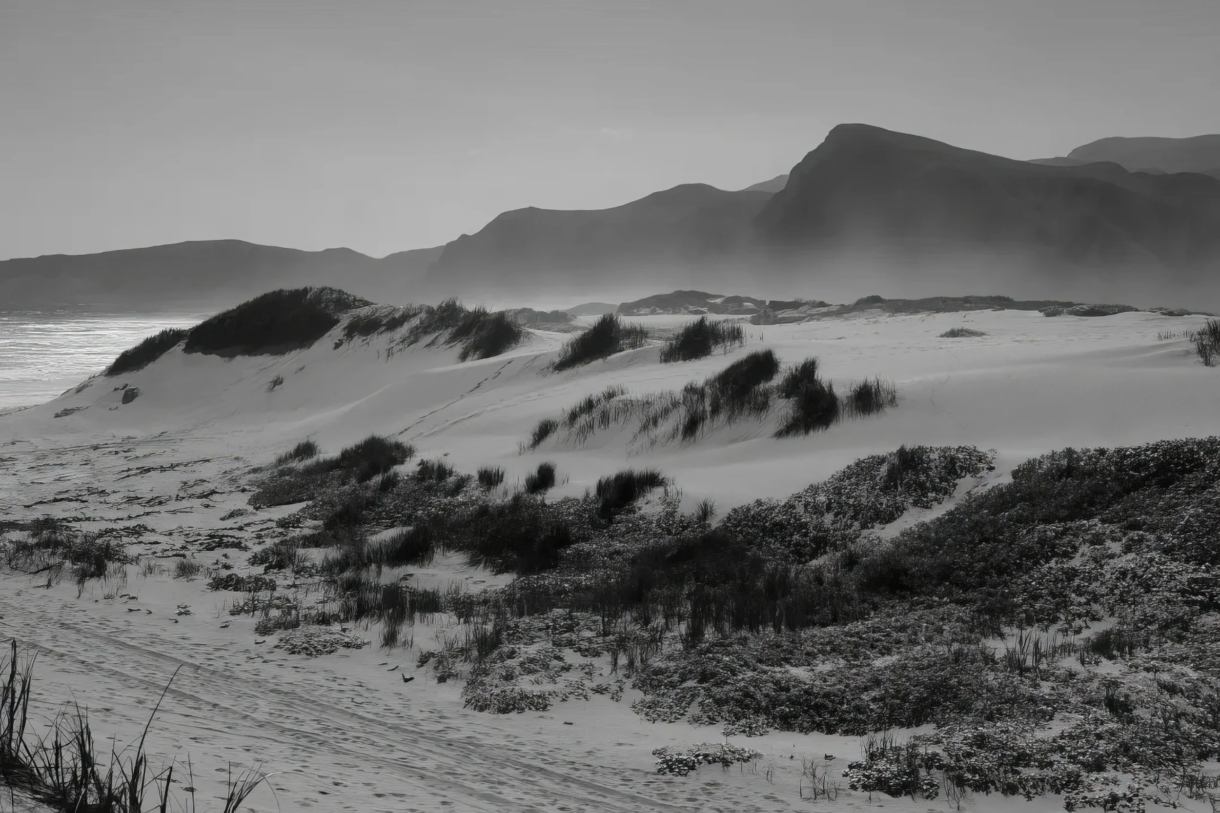 Scenic beach landscape with sand dunes, vegetation, and distant mountains under a cloudy sky.