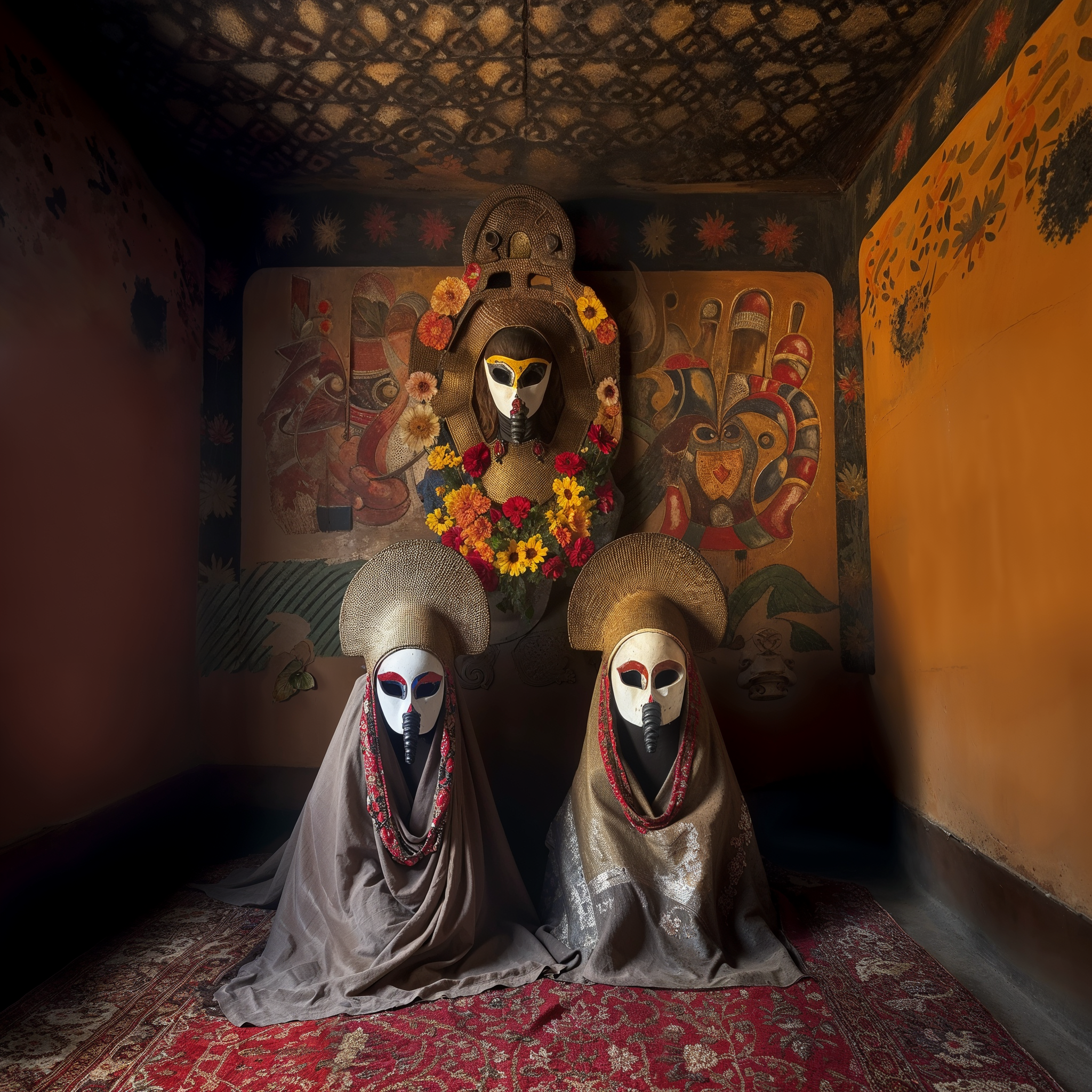 Three figures wearing masks with elaborate headdresses in a room with colorful wall art, adorned with floral decorations and traditional patterns.