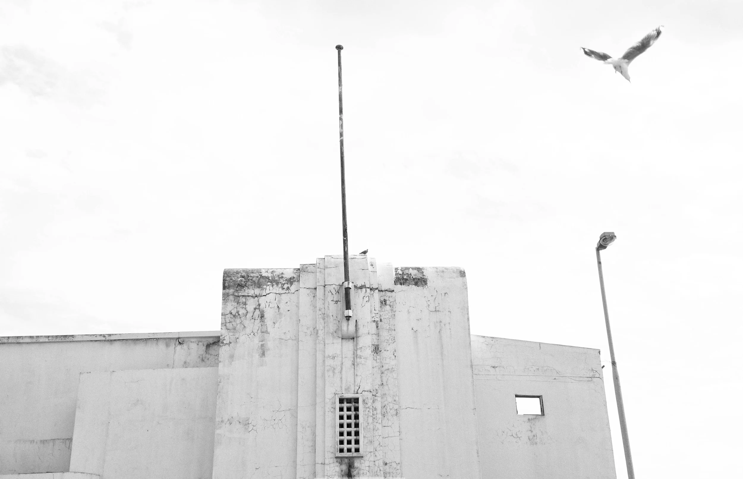 Black and white image of a concrete building facade with a pole and a bird flying overhead.