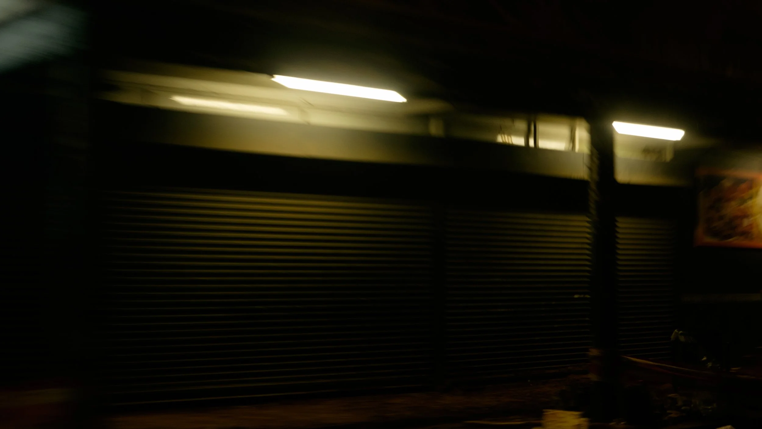 Blurry image of a closed storefront with shutter doors and fluorescent lighting.