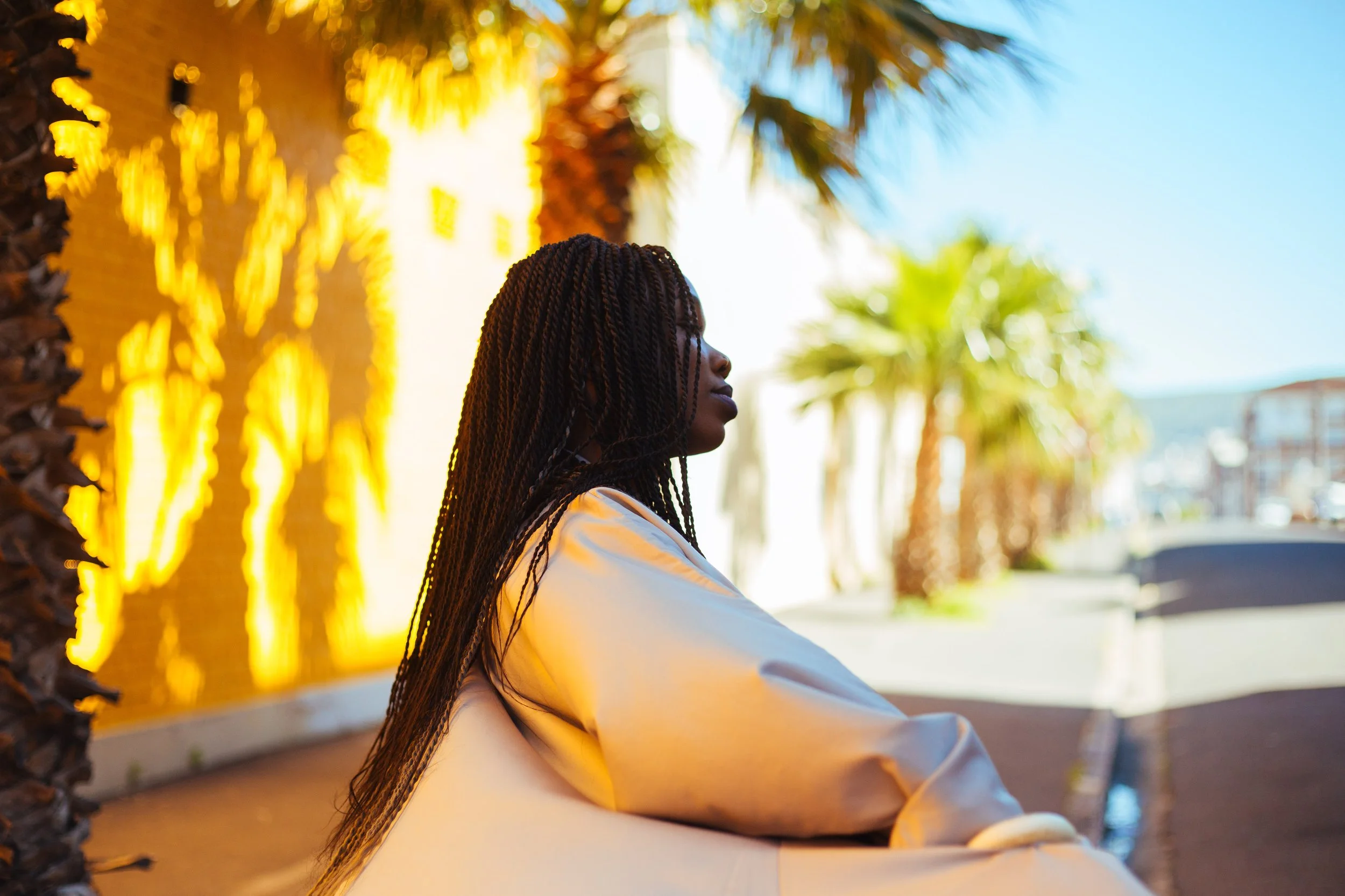 Person with braided hair sitting near palm trees