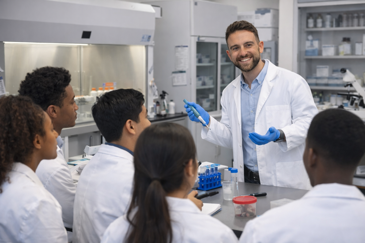 A male scientist in a lab coat and gloves holding a pipette while explaining to a diverse group of students in a laboratory setting.