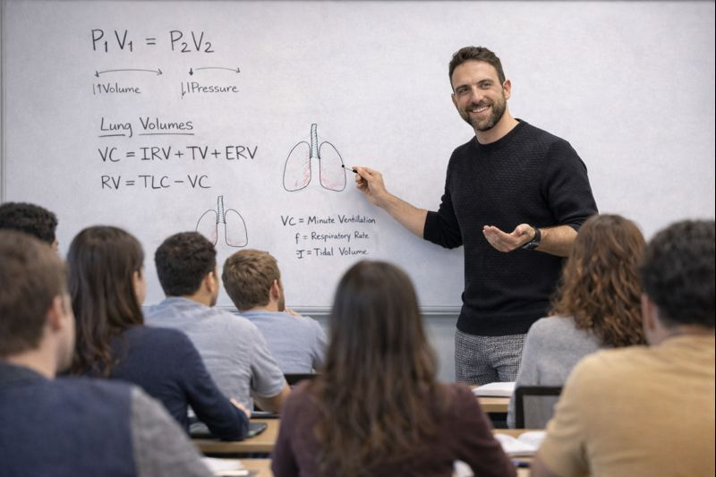 Professor teaching medical students about lung volumes and respiratory rate using a whiteboard with diagrams and formulas.