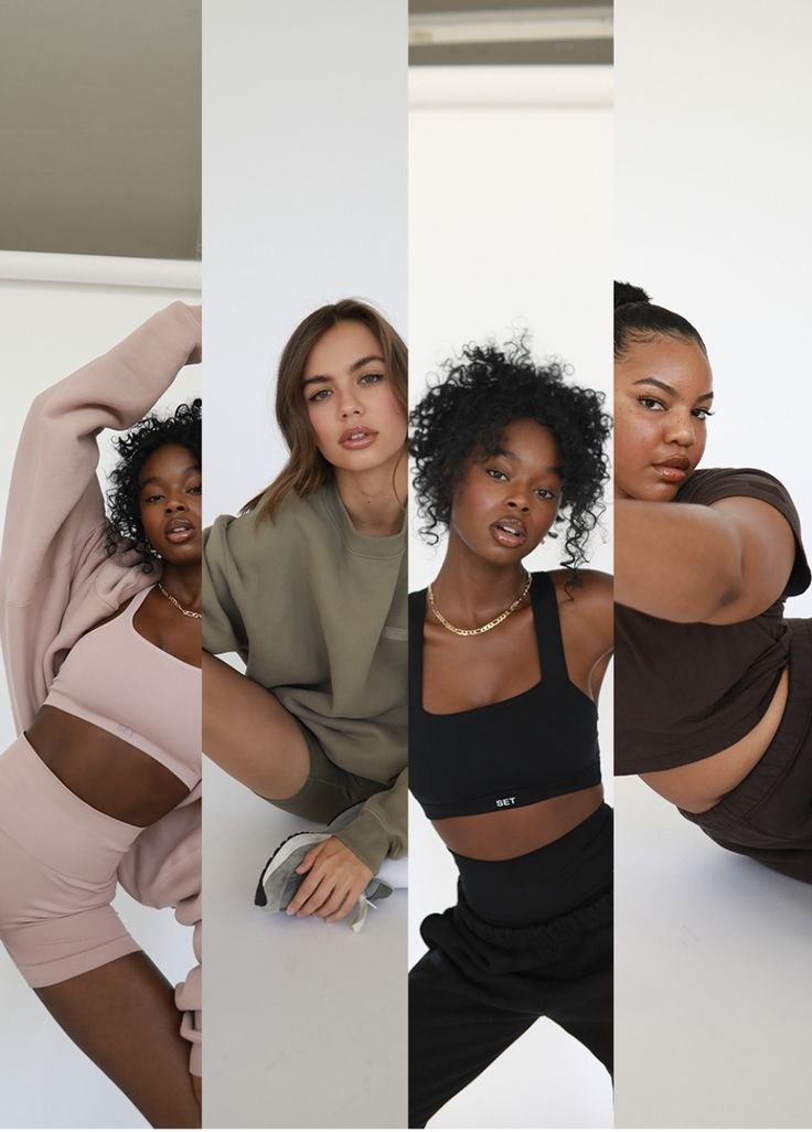 Four women sit or pose in casual athletic wear in front of a white background, with their images split vertically.