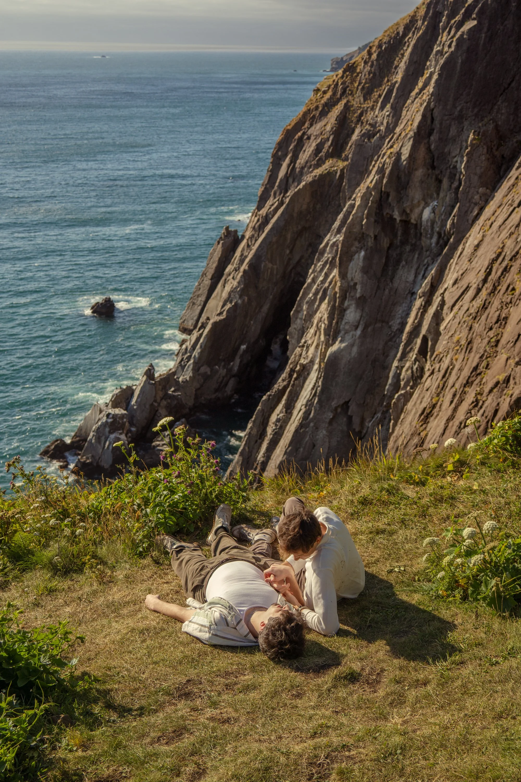 Two young men lying on the grass near a cliff overlooking the ocean at Elk Flats, surrounded by wildflowers and plants.