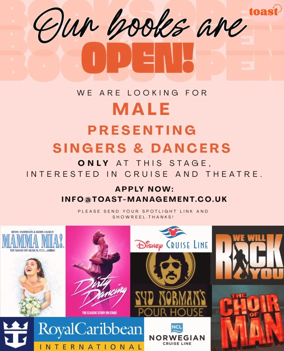 ✨ BOOKS ARE OPEN! ✨

A big thank you to everyone who&rsquo;s sent us a submission recently! 

We&rsquo;re now opening our books specifically for male presenting singer-dancers and would love to hear from you!

If you&rsquo;ve submitted to us within t