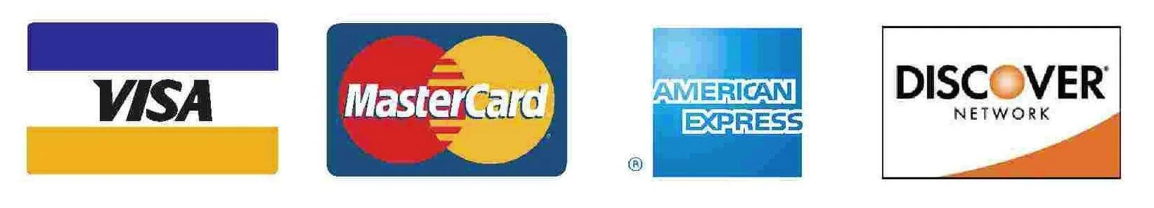 Logos of credit card companies: Visa, MasterCard, American Express, and Discover.