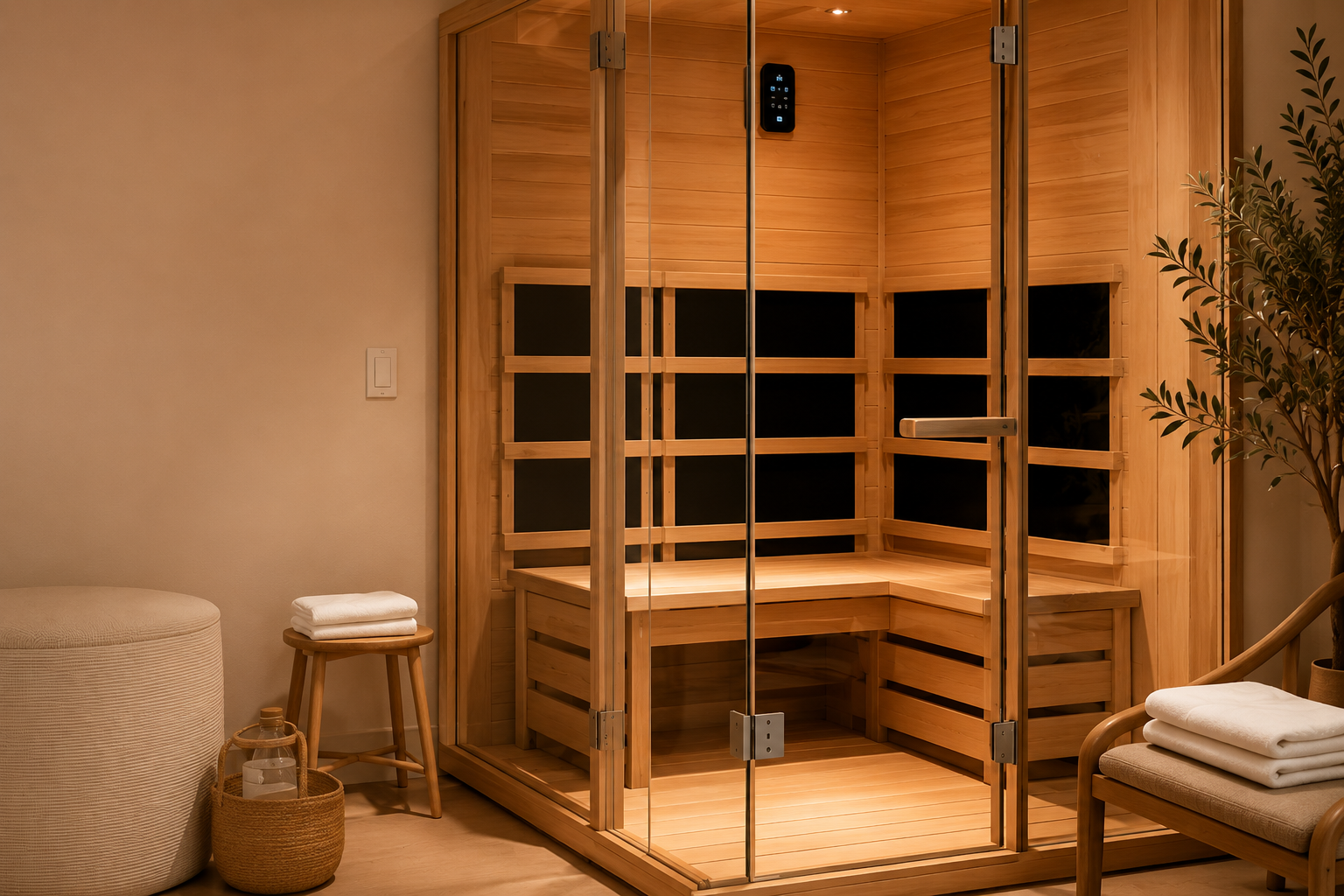 Modern indoor sauna with glass door, wooden interior, and seating, accompanied by towels and a potted plant.