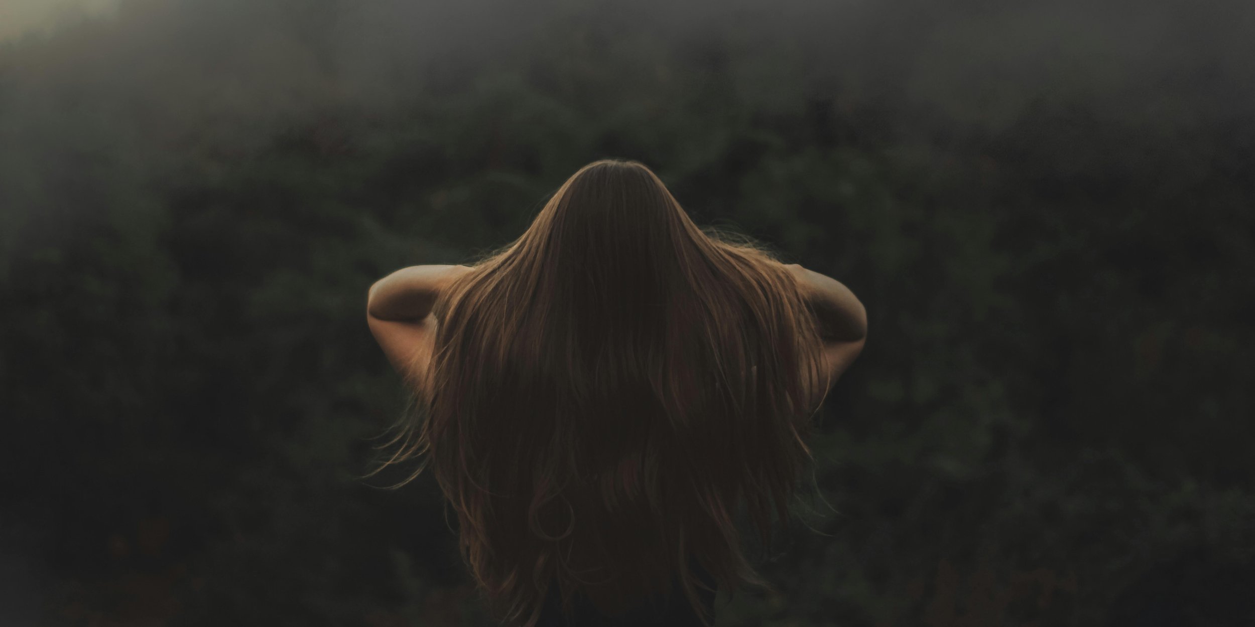 A person with long brown hair looking out over a foggy landscape with trees in the distance.