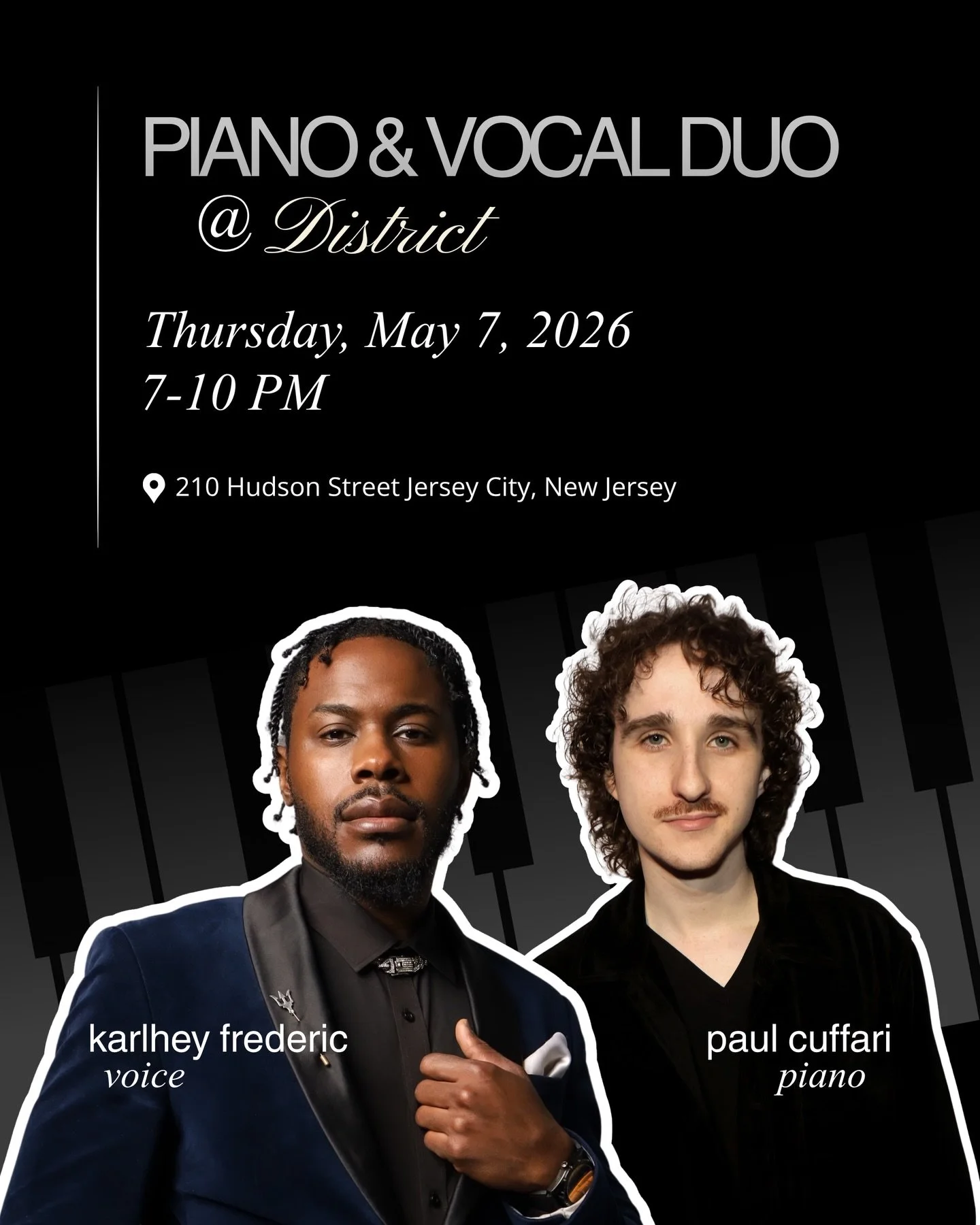 This Thursday @thedistrictjc 

Playing 🎹 with Karlhey Frederic for a very special set. I may sing one or two

Poster by the lovely @abbyurbs