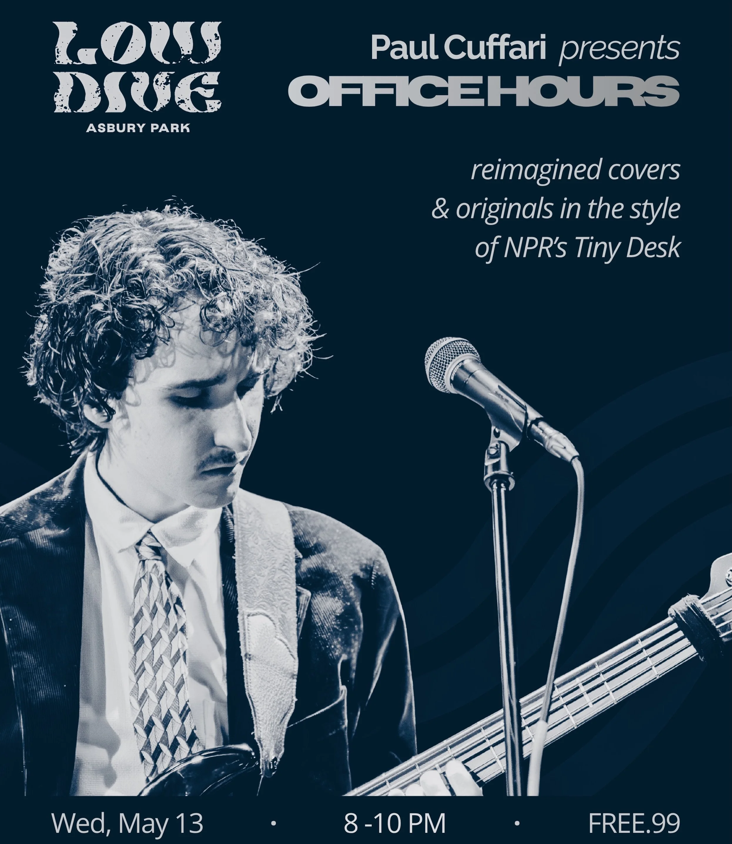 The mic is onnn. My project Office Hours makes its debut this Wednesday in Asbury Park at @lowdiveap. Joined by @bobby.reilly_ and @currydevico 

reimagined covers &amp; originals in the style of NPR&rsquo;s Tiny Desk. May 13 | 8-10 PM | FREE.99 🎸


