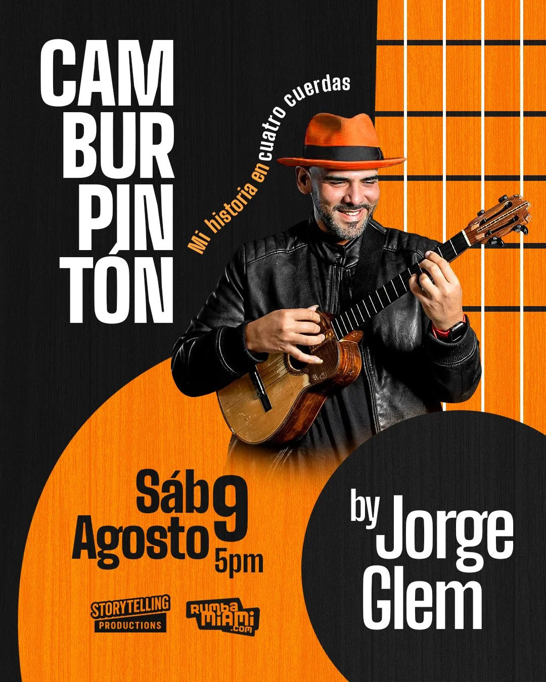 Cartel promocional en colores naranja y negro anunciando una presentación por Jorge Glem, con una foto de un hombre tocando un cuatro, llevando un sombrero naranja y una chaqueta negra, y el texto en español que indica la fecha, hora y algunos detalles del evento.