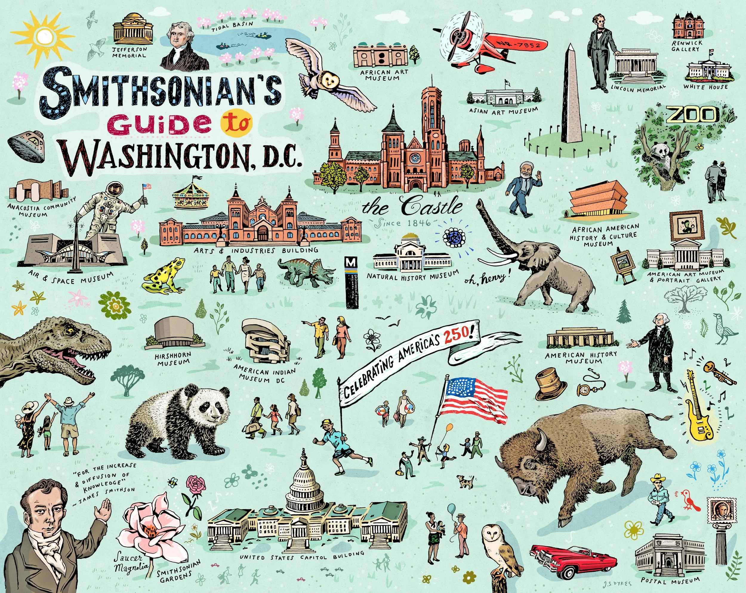 Created for the Smithsonian's America 250 Commemorative Guide, this detailed illustrated map was designed as a keepsake celebrating the Institution's museums, collections, artifacts, discoveries, and cultural contributions
