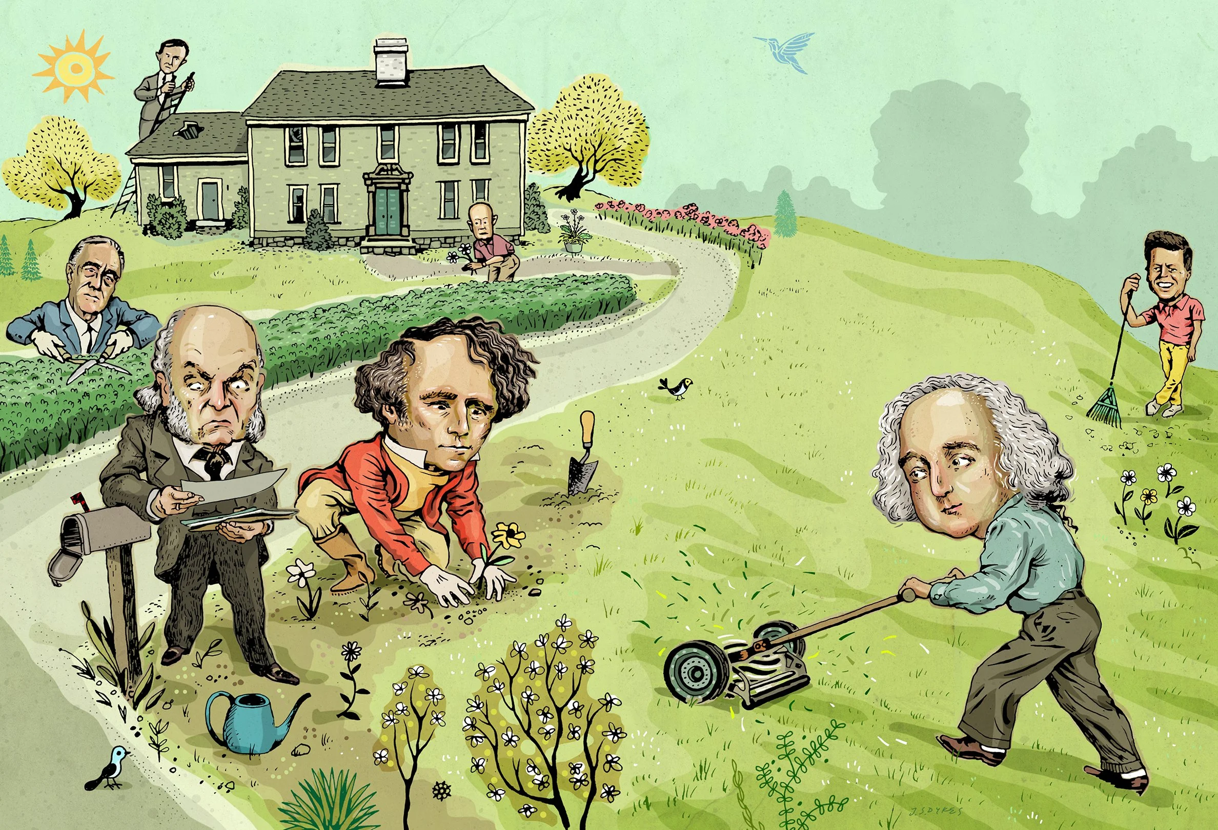 Editorial illustration, by American illustrator John S. Dykes for a feature in Yankee Magazine on past presidents doing average American house chores around their home(s). Ink and digital, 2026