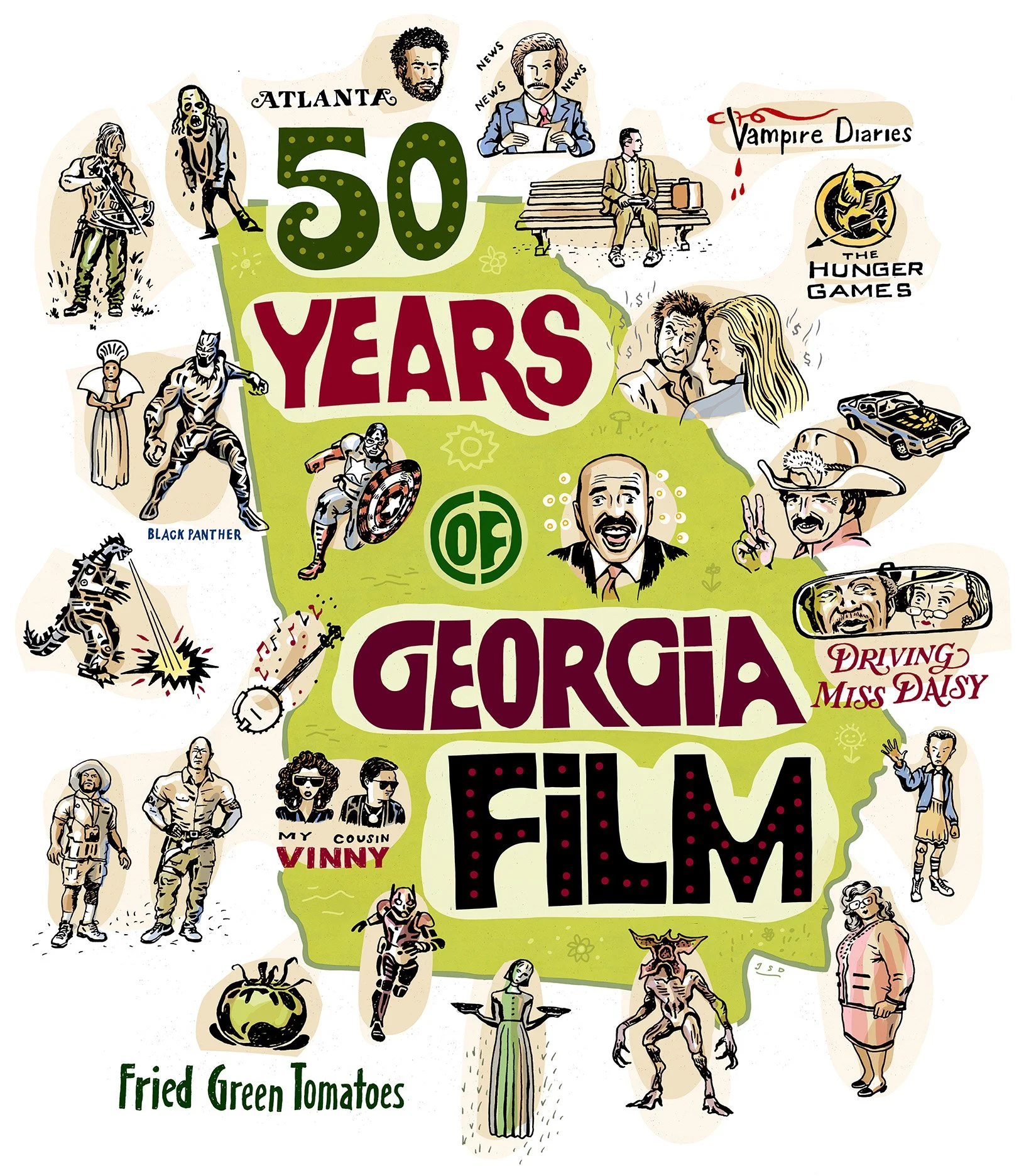 Poster illustration for Georgia Film Office highlighting all the feature films and television series filmed in Georgia. Ink and digital, by John S. Dykes, American Illustrator