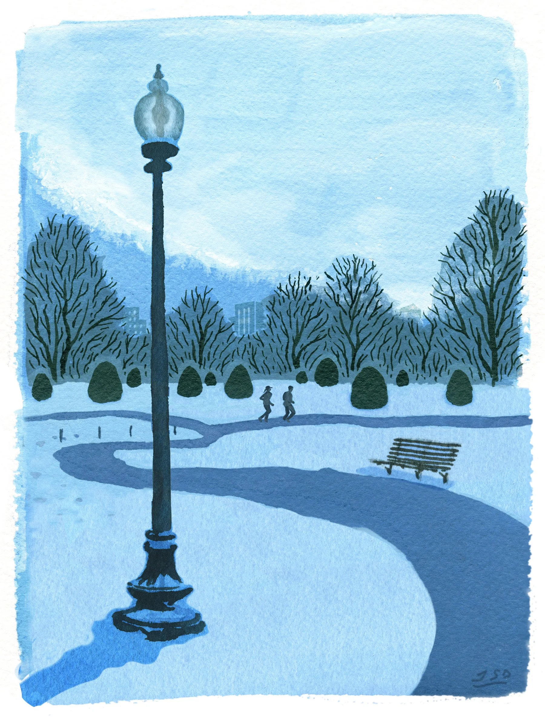 Watercolor painting of a winter path in the Boston Public Garden available as a fine art print