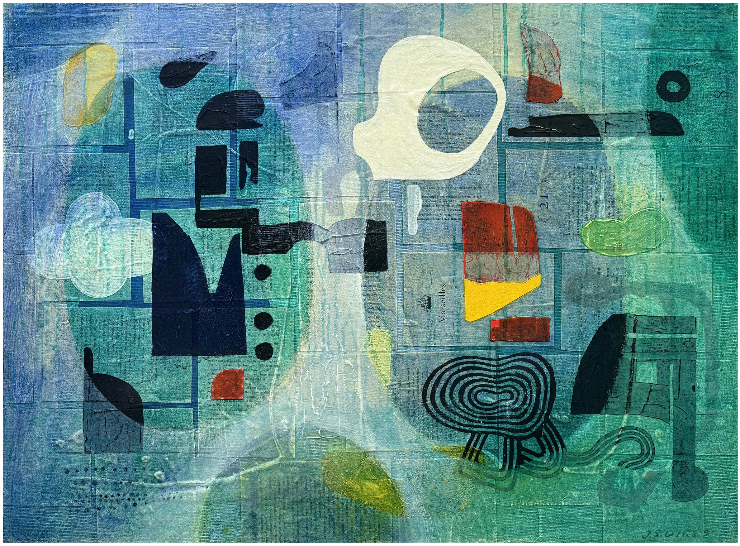 Marseilles, 30 x 40” acrylic and collage on canvas, 2026. Mixed-media painting featuring layered geometric forms, collage elements, and gestural marks. Part of an ongoing exploration of memory, structure, and visual communication.