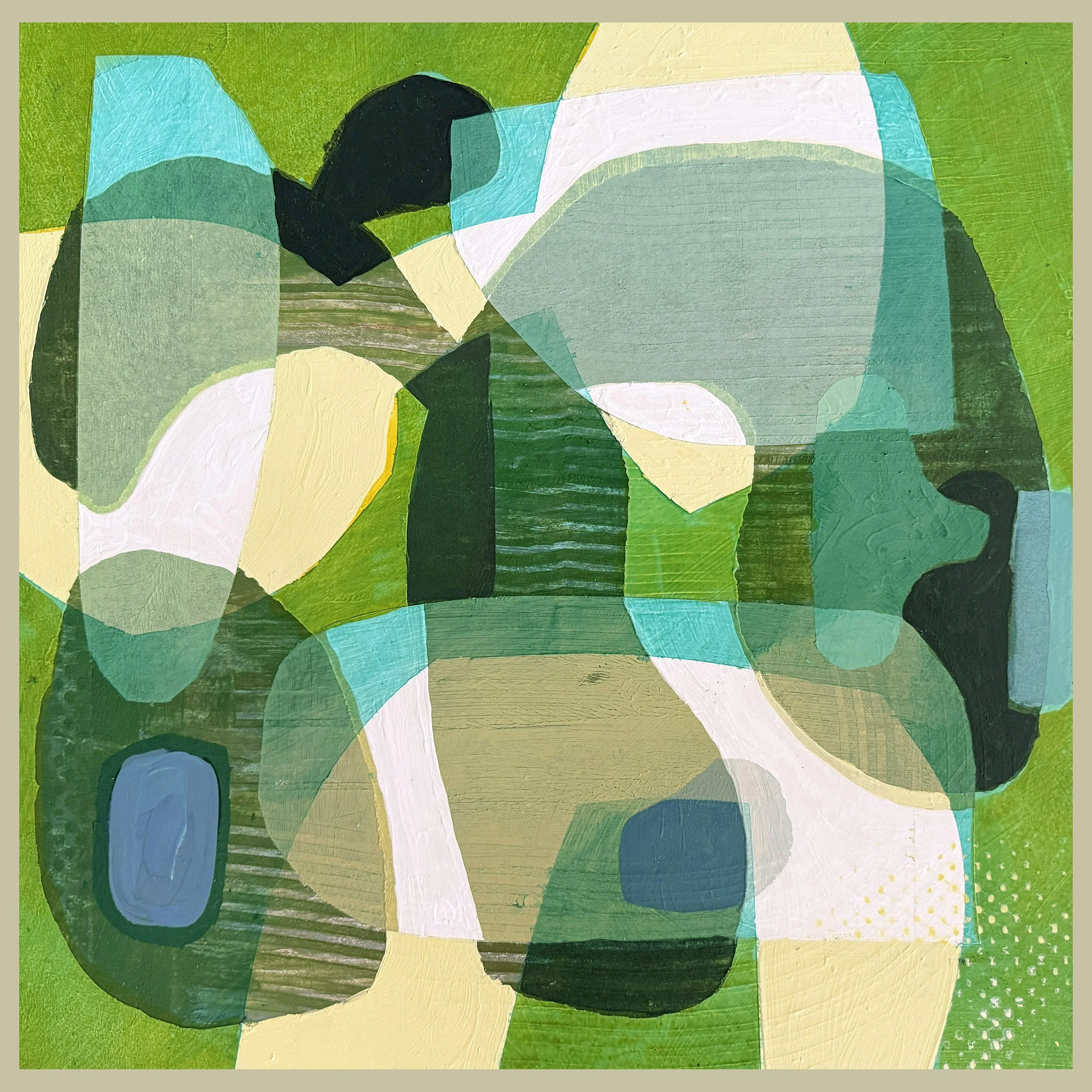 Verdant Whispers, acrylic on mounted wood panel, 16 x 16”, 2025. Acrylic painting featuring layered geometric forms, transparency, past and present. Part of an ongoing exploration of memory, structure, and visual communication