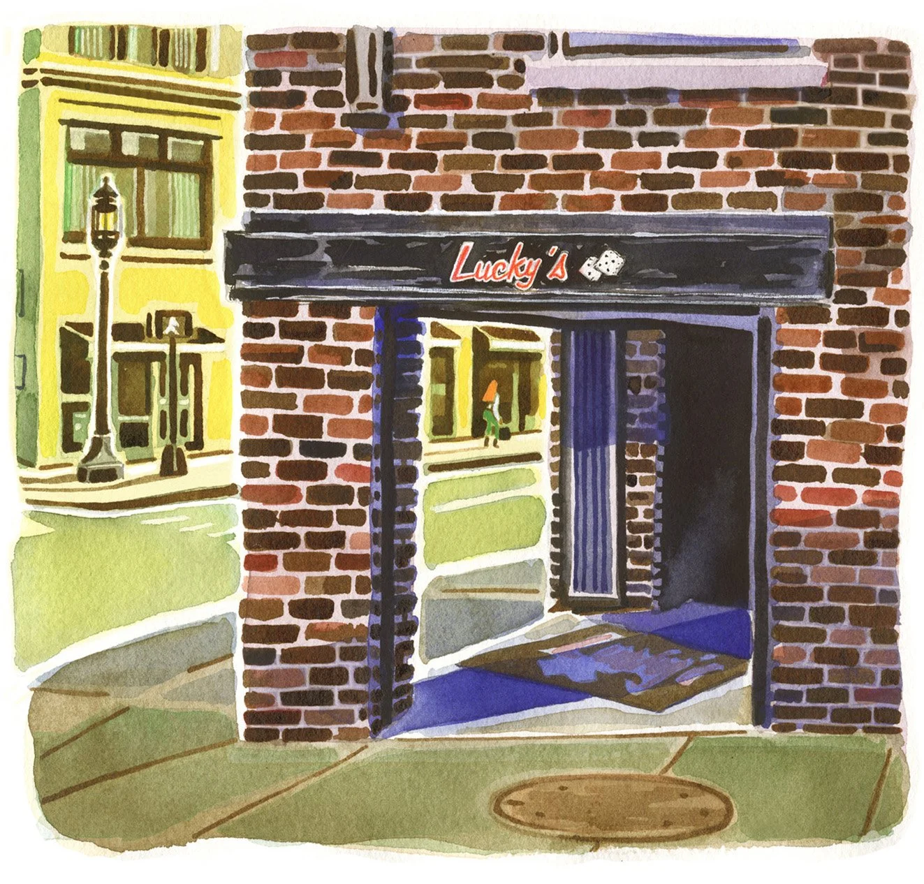 Watercolor and ink wash painting of Lucky’s Lounge in Boston, available as a fine art print
