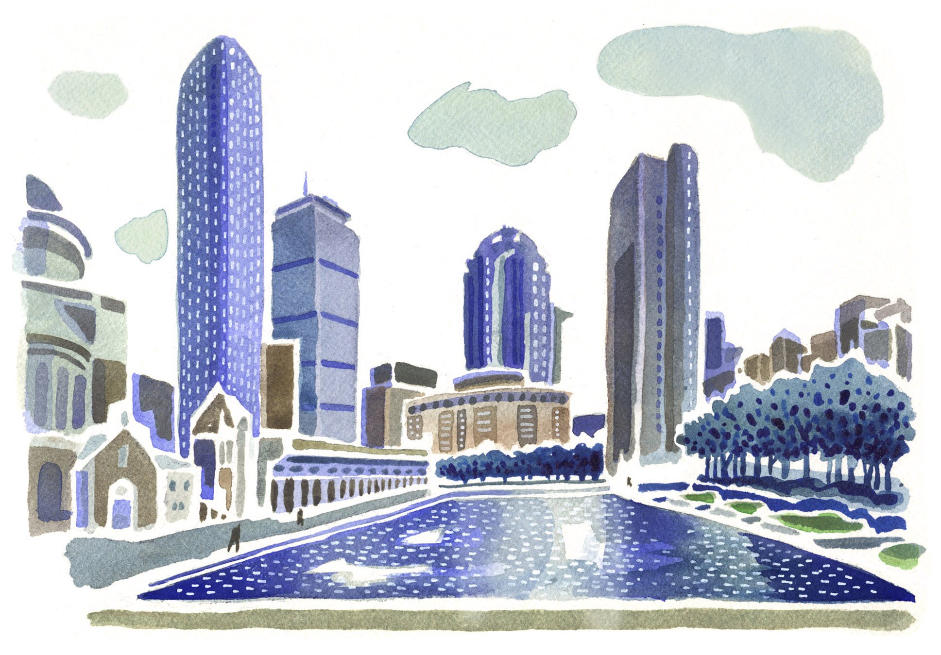 Watercolor and ink wash painting in a cool blue palette of the reflecting pool and the Prudential building in Boston’s Back Bay. This is available as a fine art print