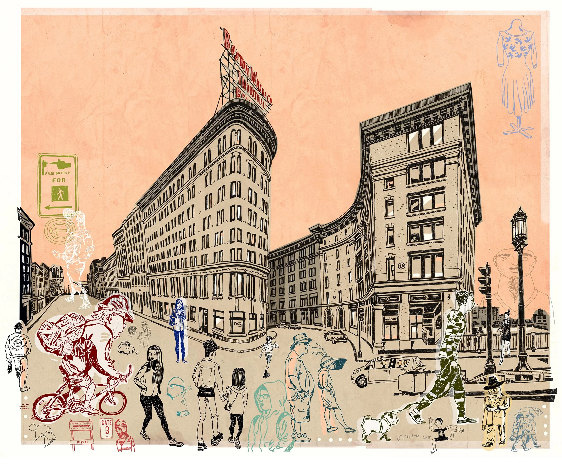 Mixed media illustration of Melcher Street in Boston's Fort Point neighborhood illustrated by J. S. Dykes