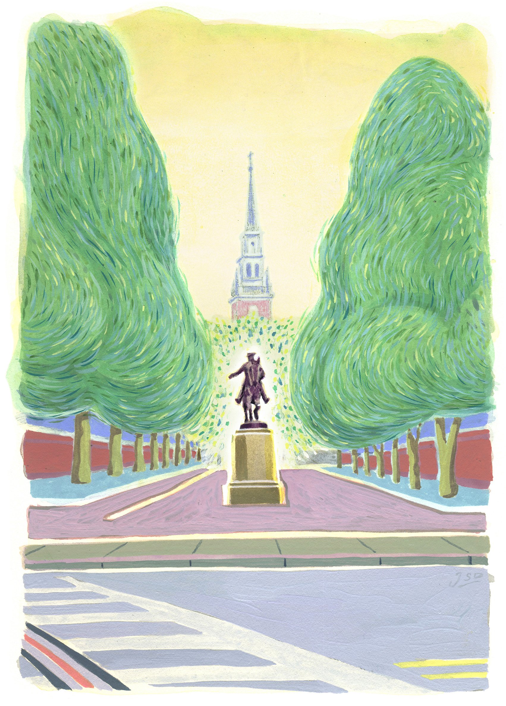 Watercolor and gouache painting of the Paul Revere statue in the North End in Boston. This painting is available as a fine art print