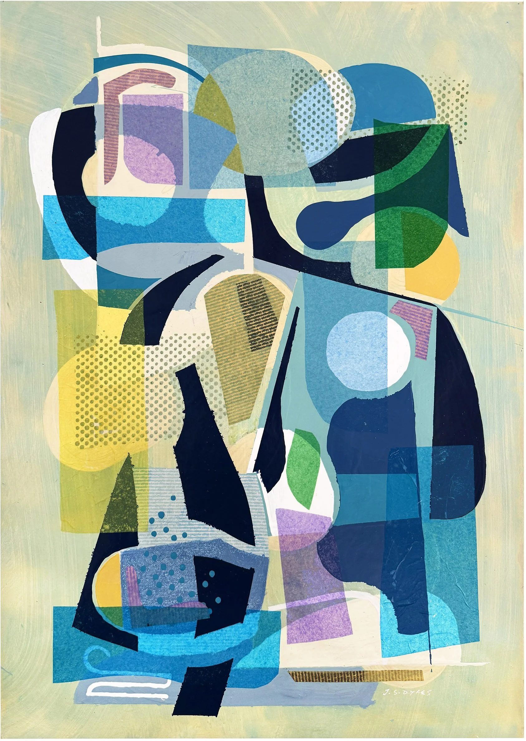 Blue Interval, acrylic and collage on paper, 25 x 34”, 2026. Mixed-media painting featuring layered geometric forms, collage elements, and gestural marks. Part of an ongoing exploration of memory, structure, and visual communication