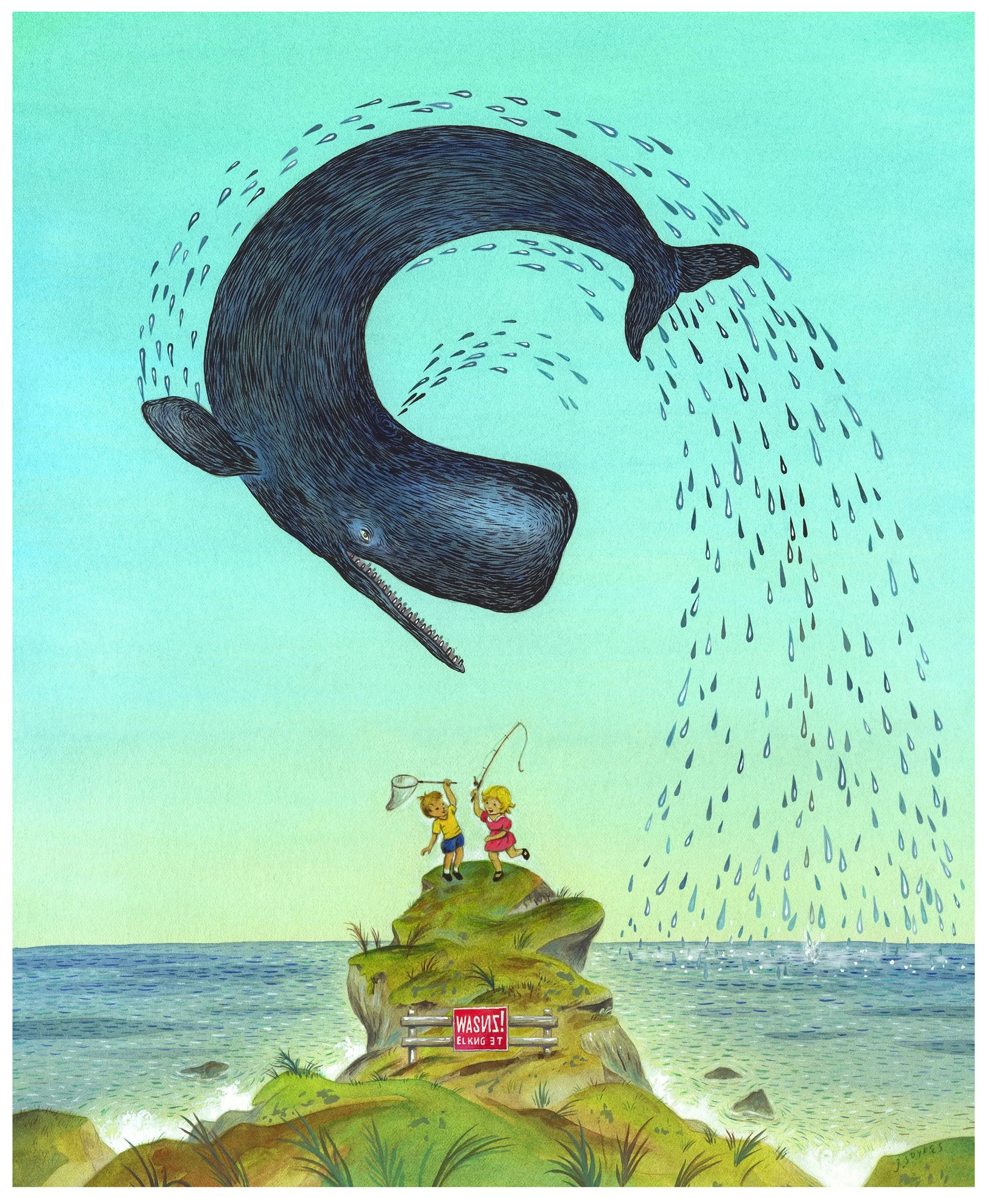 Mixed media illustration of an enormous whale coming up out of the ocean while children appearing from a mid-century children’s book dance in glee at the edge of an ominous cliff