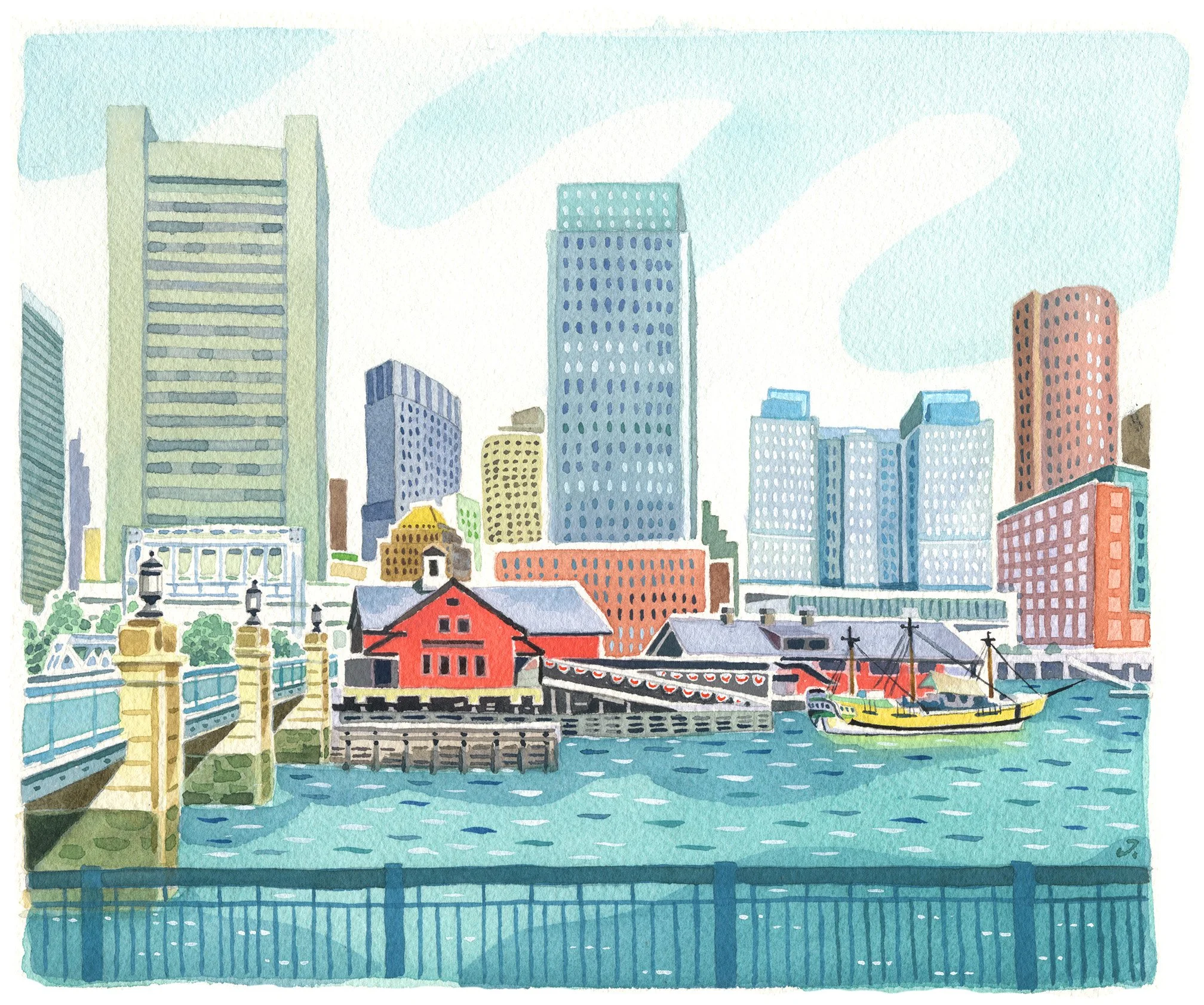 Watercolor and acrylic painting of the Boston Tea Party Museum in Fort Point in Boston, next to Boston Seaport. This painting is available as a fine art print