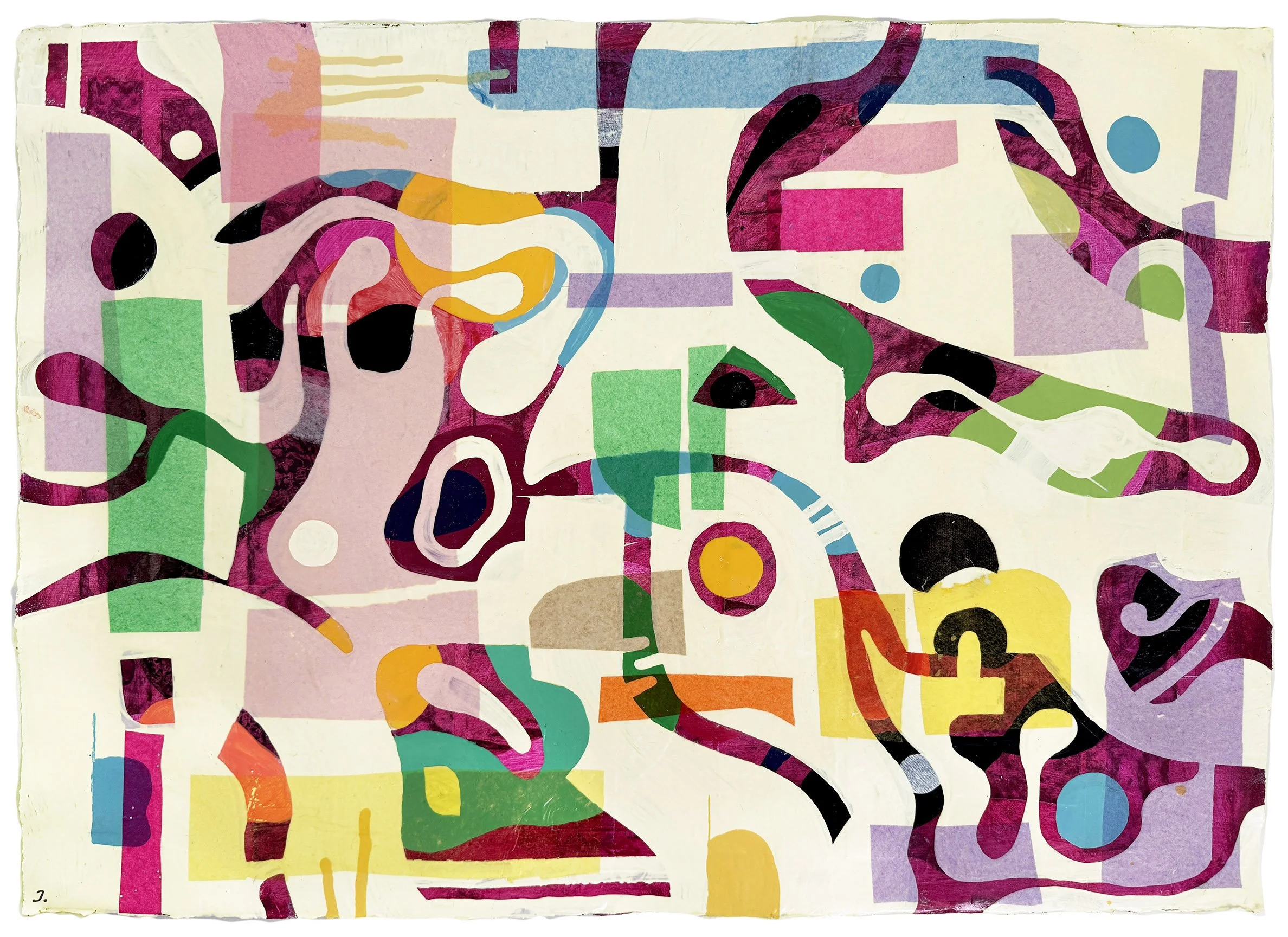 The Space Between Memory, acrylic and collage on paper, 25 x 34”, 2026. Mixed-media painting featuring layered geometric forms, collage elements, and gestural marks. Part of an ongoing exploration of memory, structure, and visual communication
