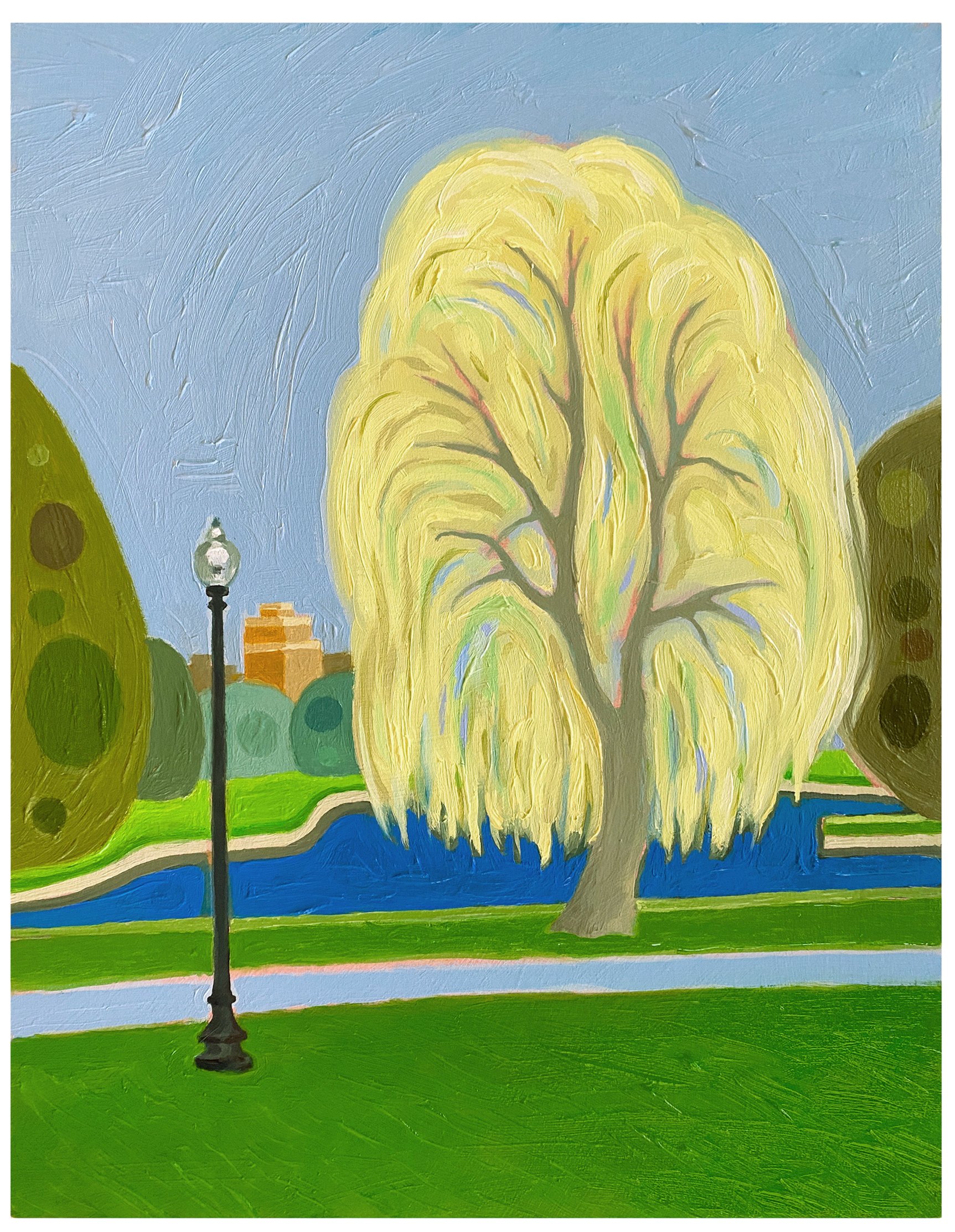 Oil on birch panel painting of colorful, flowing willow tree in the Boston Public Garden, available as a fine art print