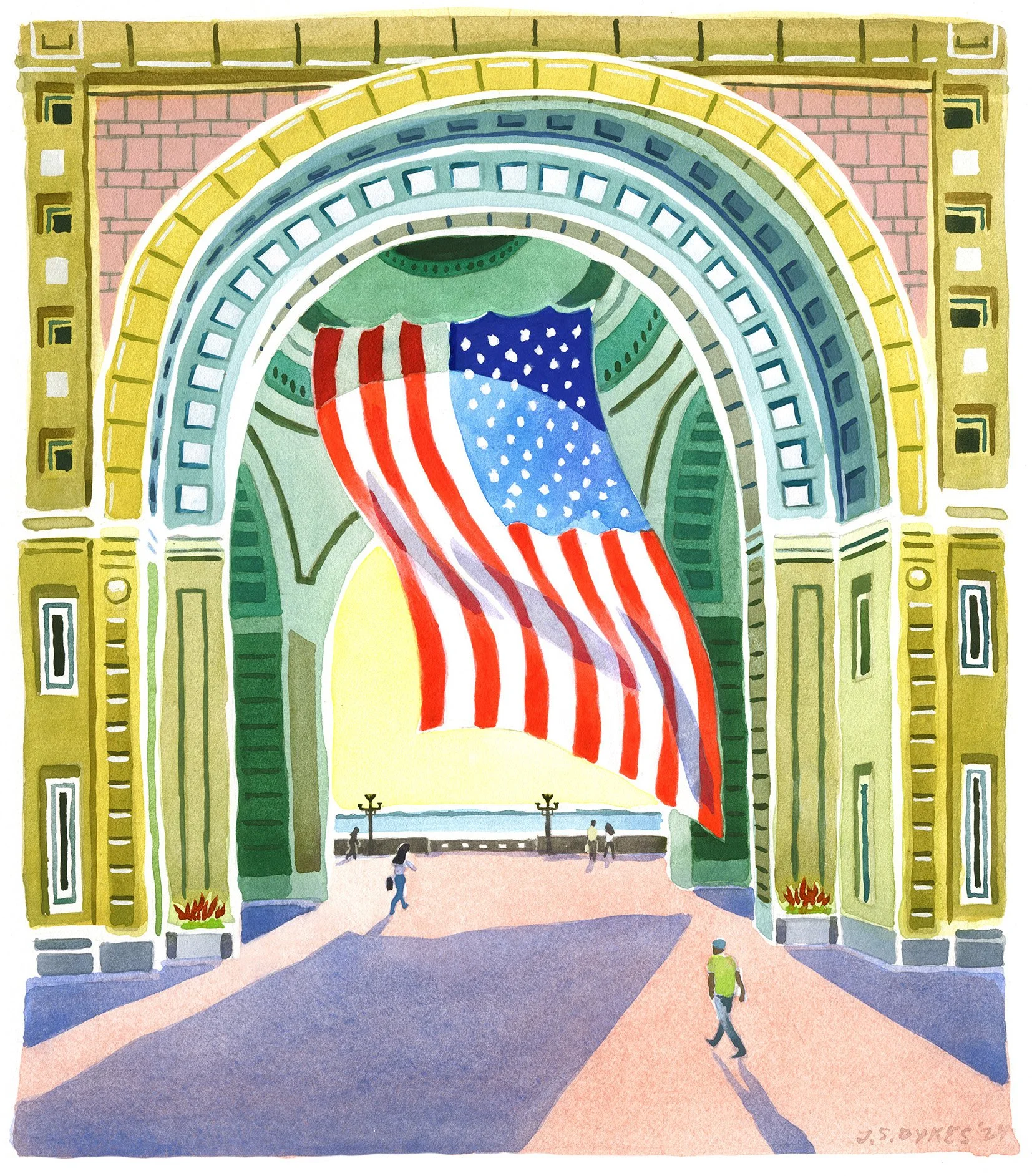 Watercolor and gouache painting of Boston’s iconic Boston Harbor Hotel available as a fine art print