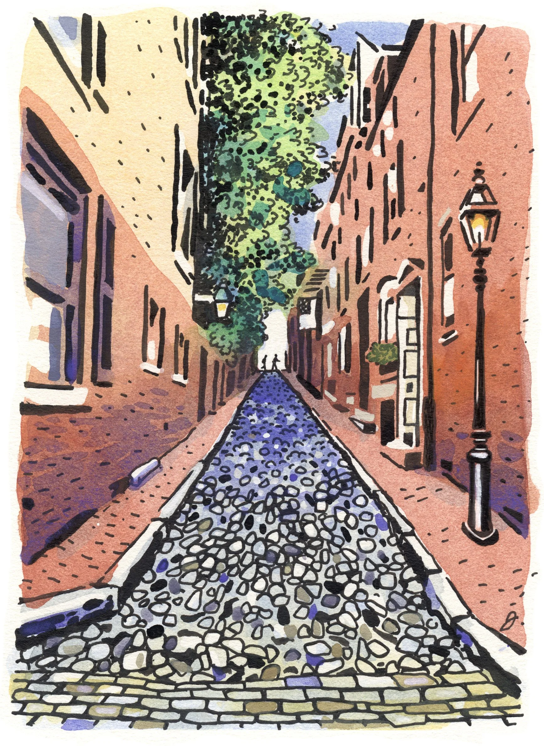 Ink and watercolor painting of Boston’s iconic Acorn Street available as a fine art print